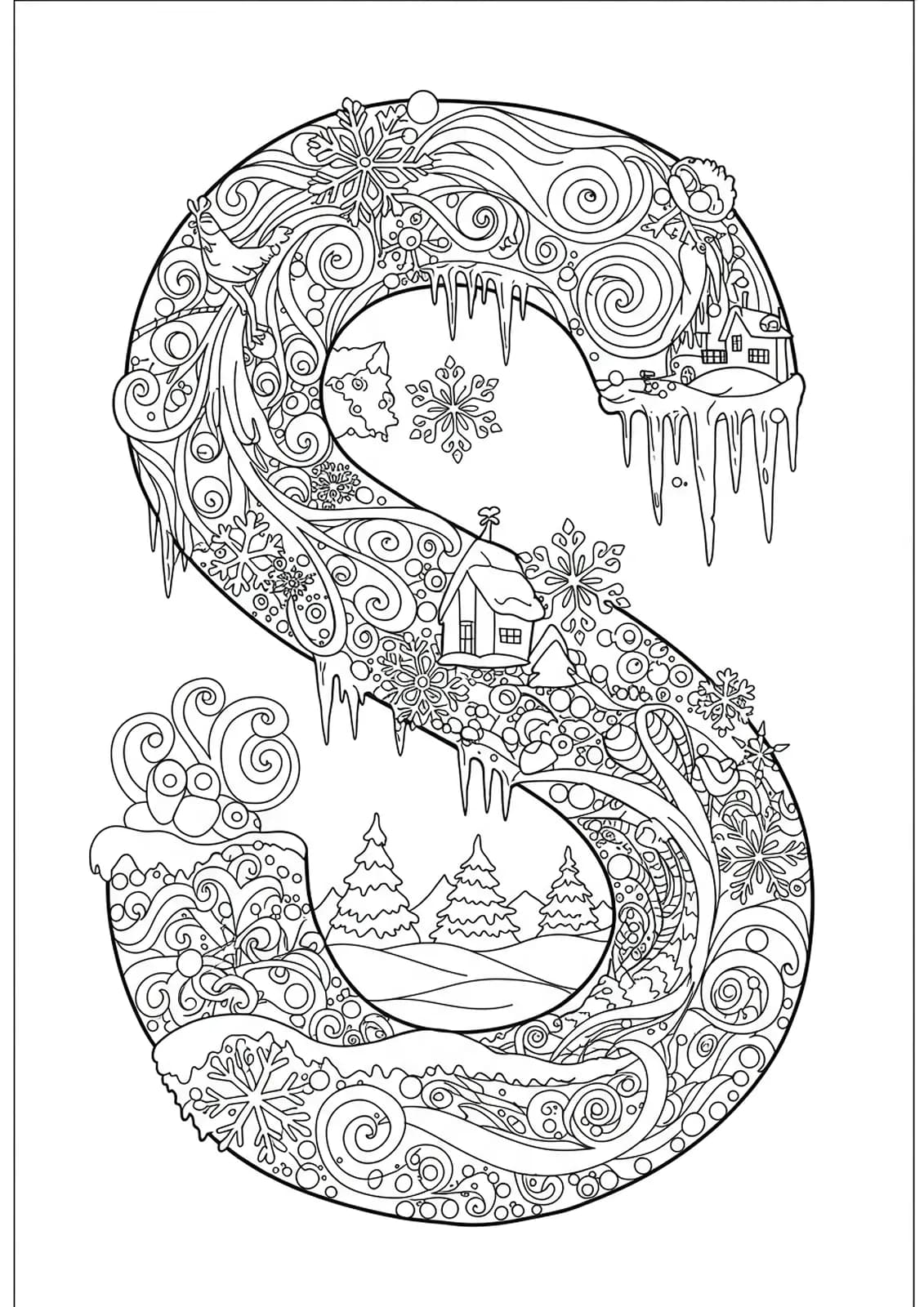 Letter S surrounded by complex snowflake and winter designs as a hard coloring page.