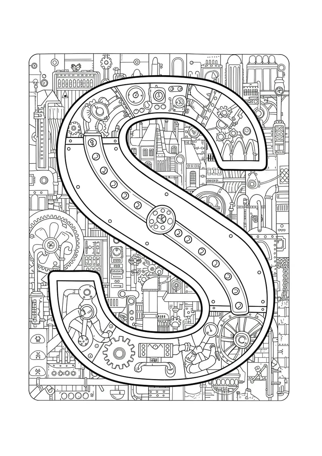 Intricate steampunk-themed letter S with gears, pipes, and machinery details.
