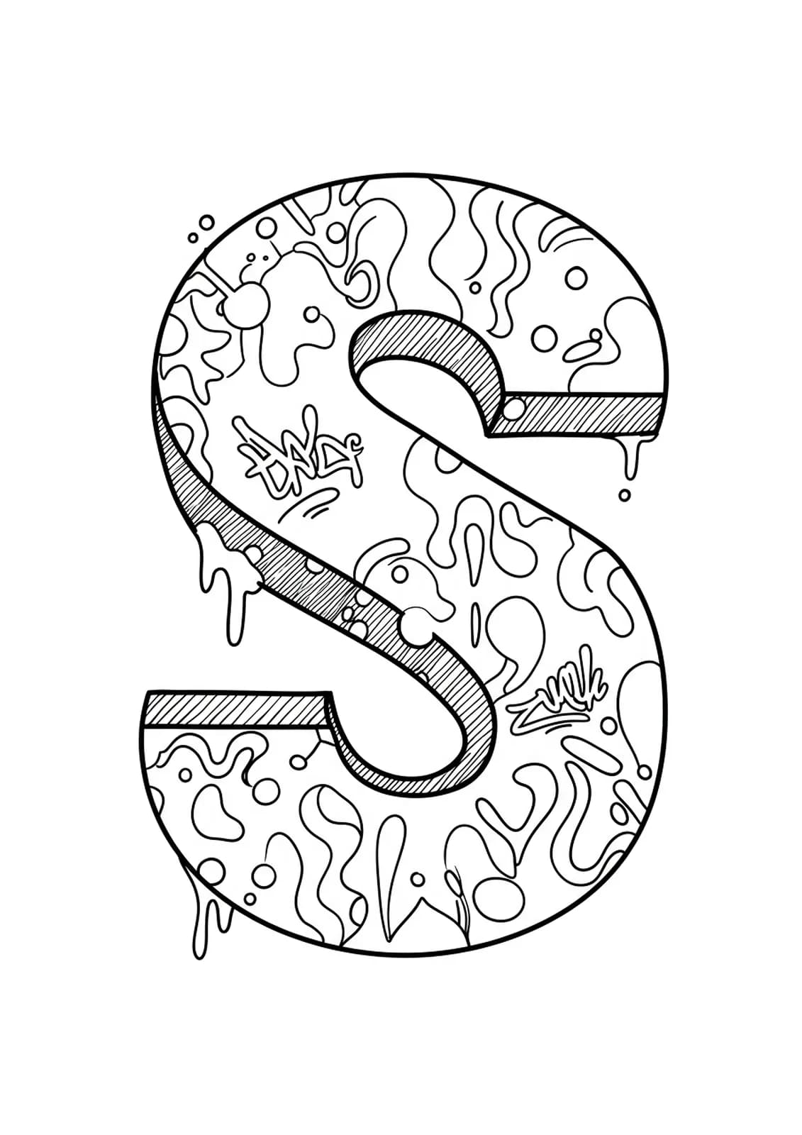 Letter S designed in graffiti street art style with bold outlines, paint splatters, and urban motifs for teens.