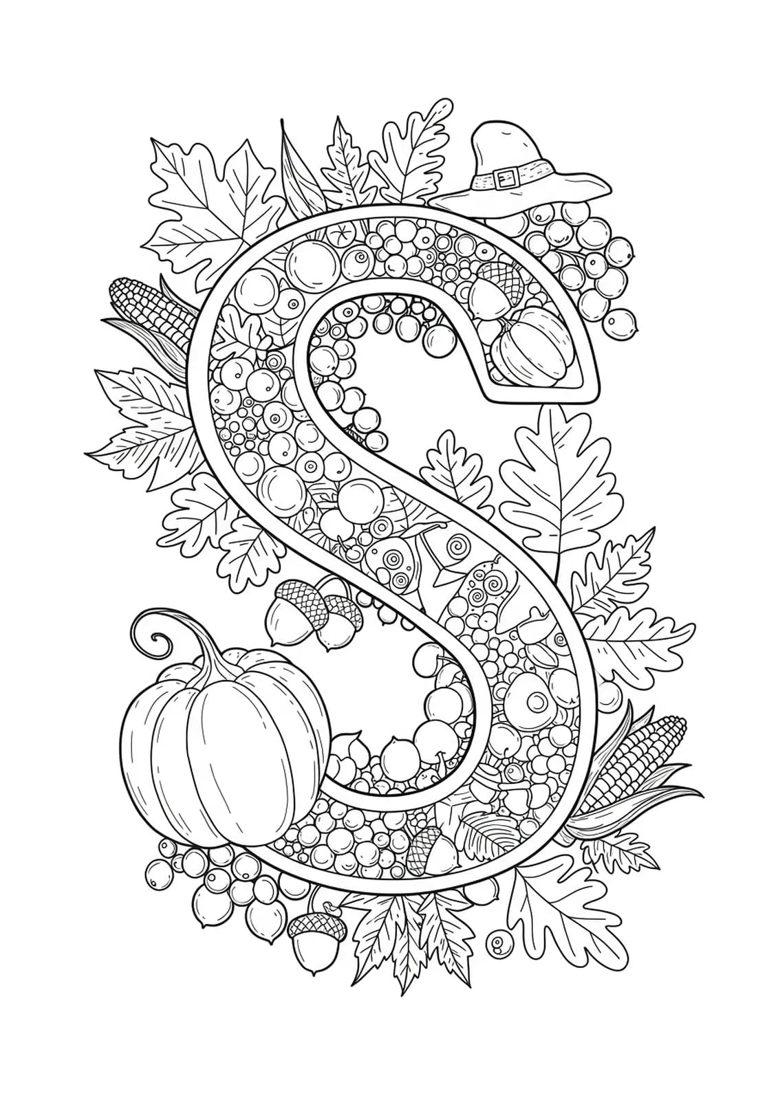 Letter S surrounded by pumpkins, acorns, corn, and autumn leaves in black and white medium-detail line art for adult coloring.