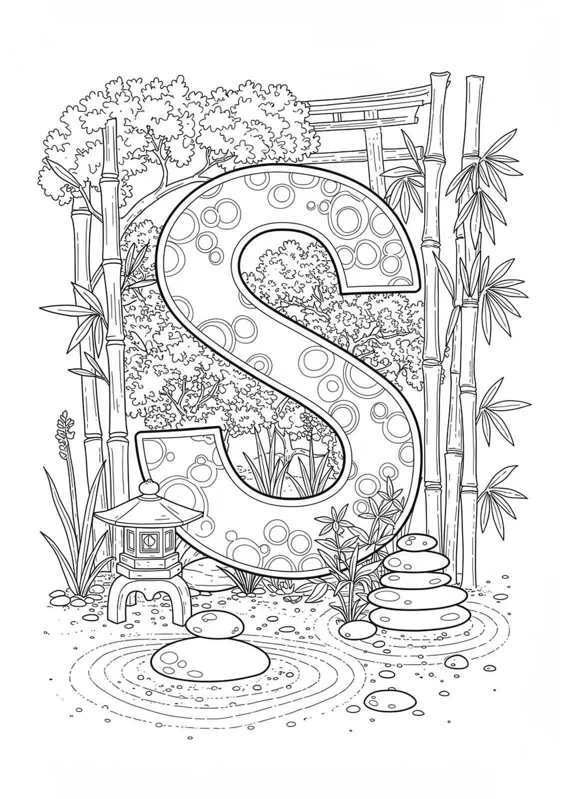 Letter S with sand patterns, stones, bamboo, and lanterns in black and white line art, medium detail for adult coloring.