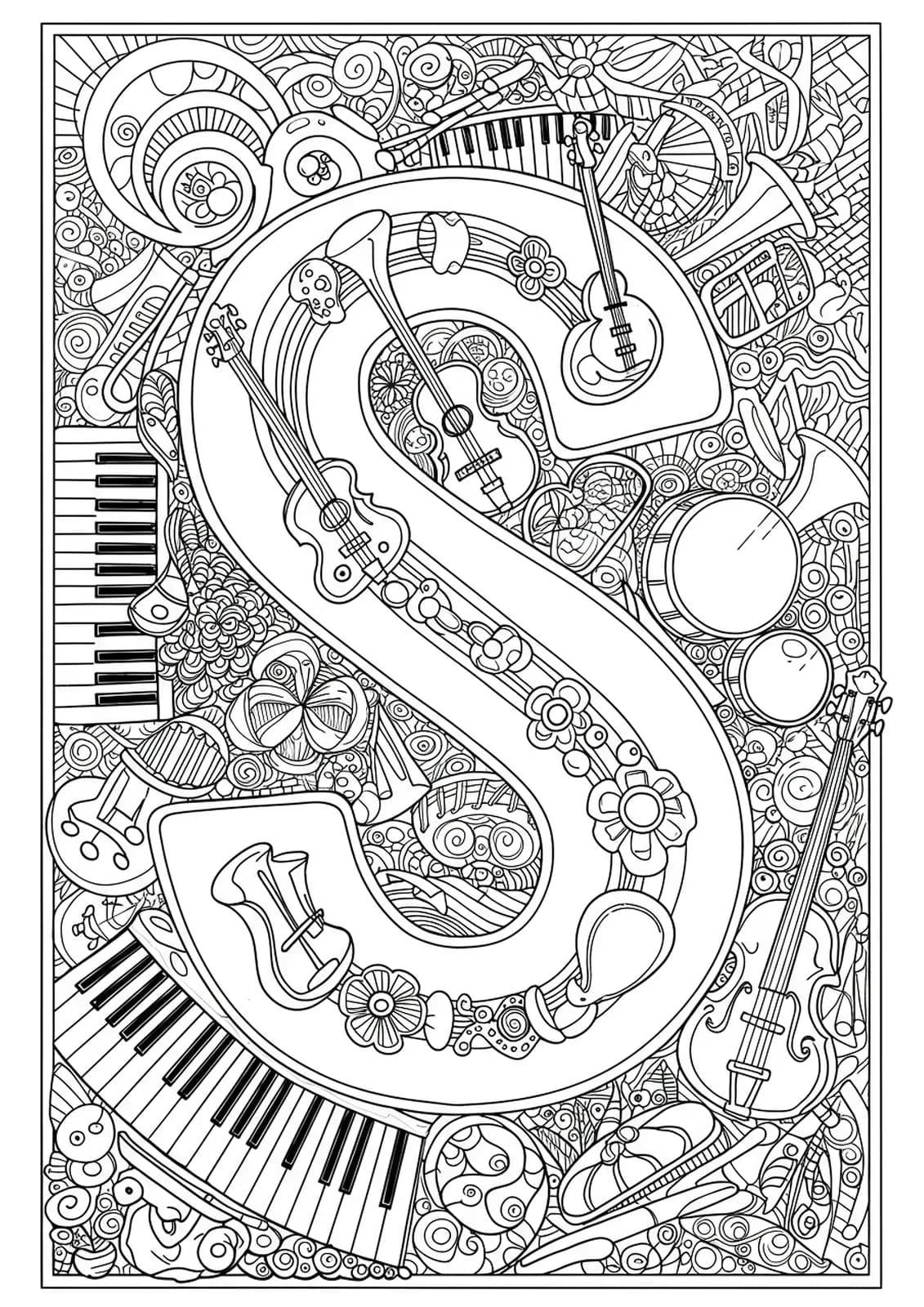 Letter S with a border of musical instruments like guitars, violins, and pianos, medium-detail black and white line art.