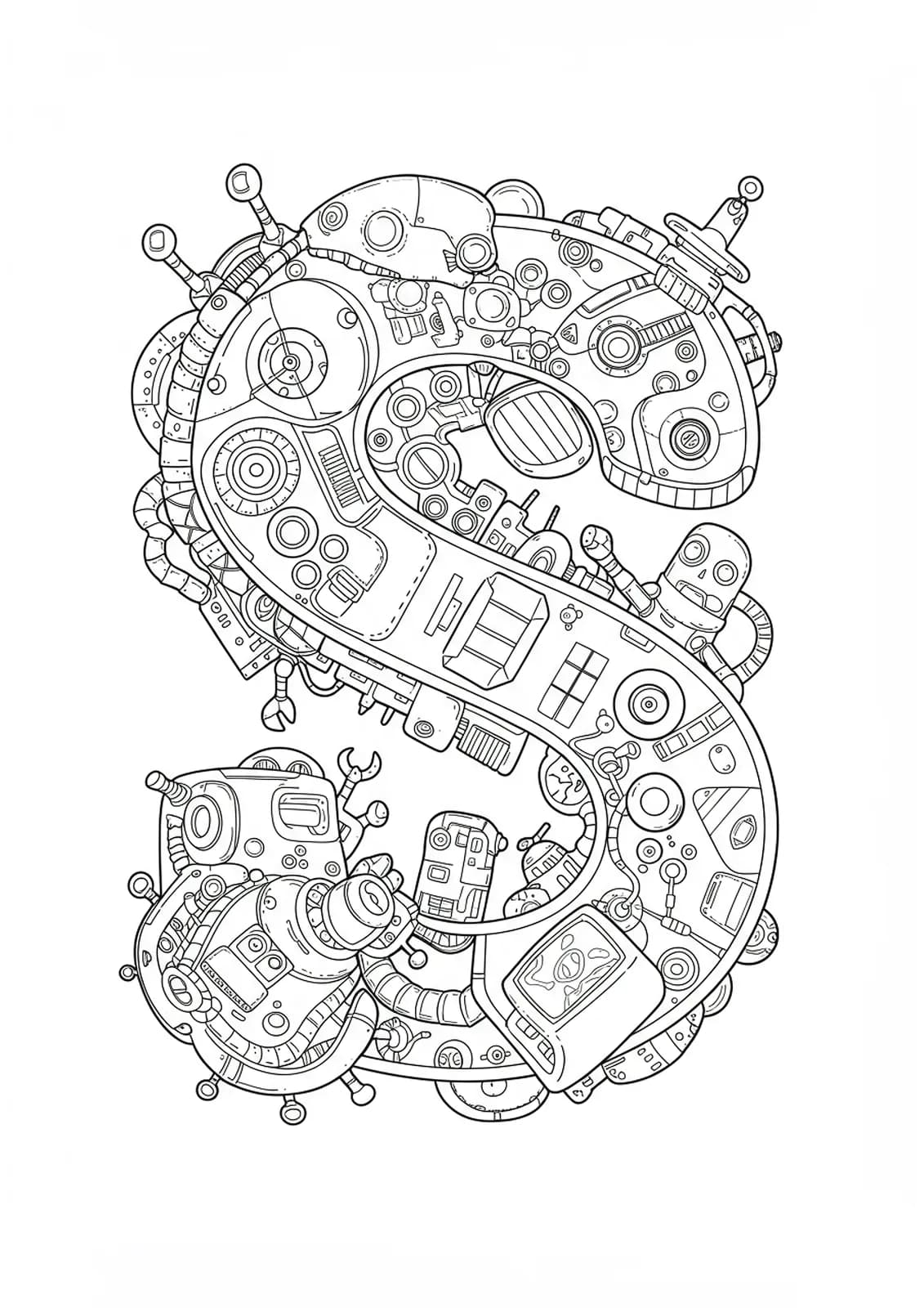 Letter S with science fiction robots and gadgets in black and white, moderate detail for adult coloring.