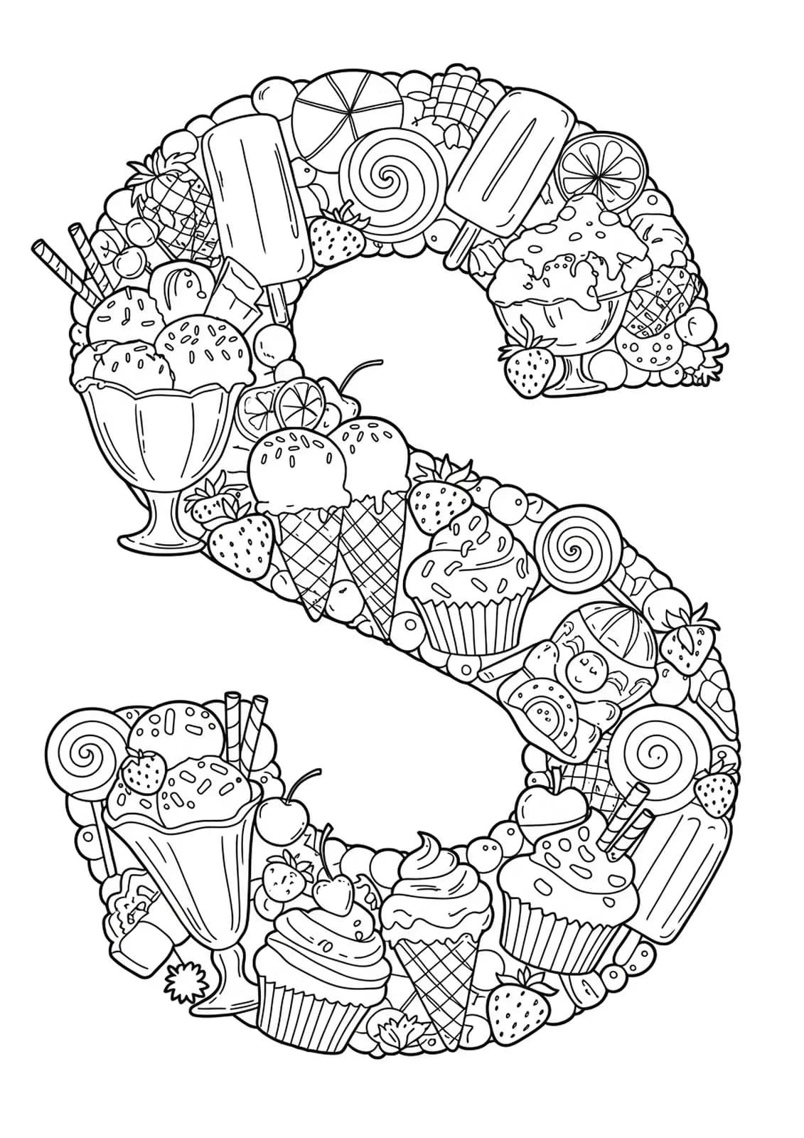 Letter S with detailed sweet foods like sundae, sprinkles, strawberries, and lollipops for hard coloring.