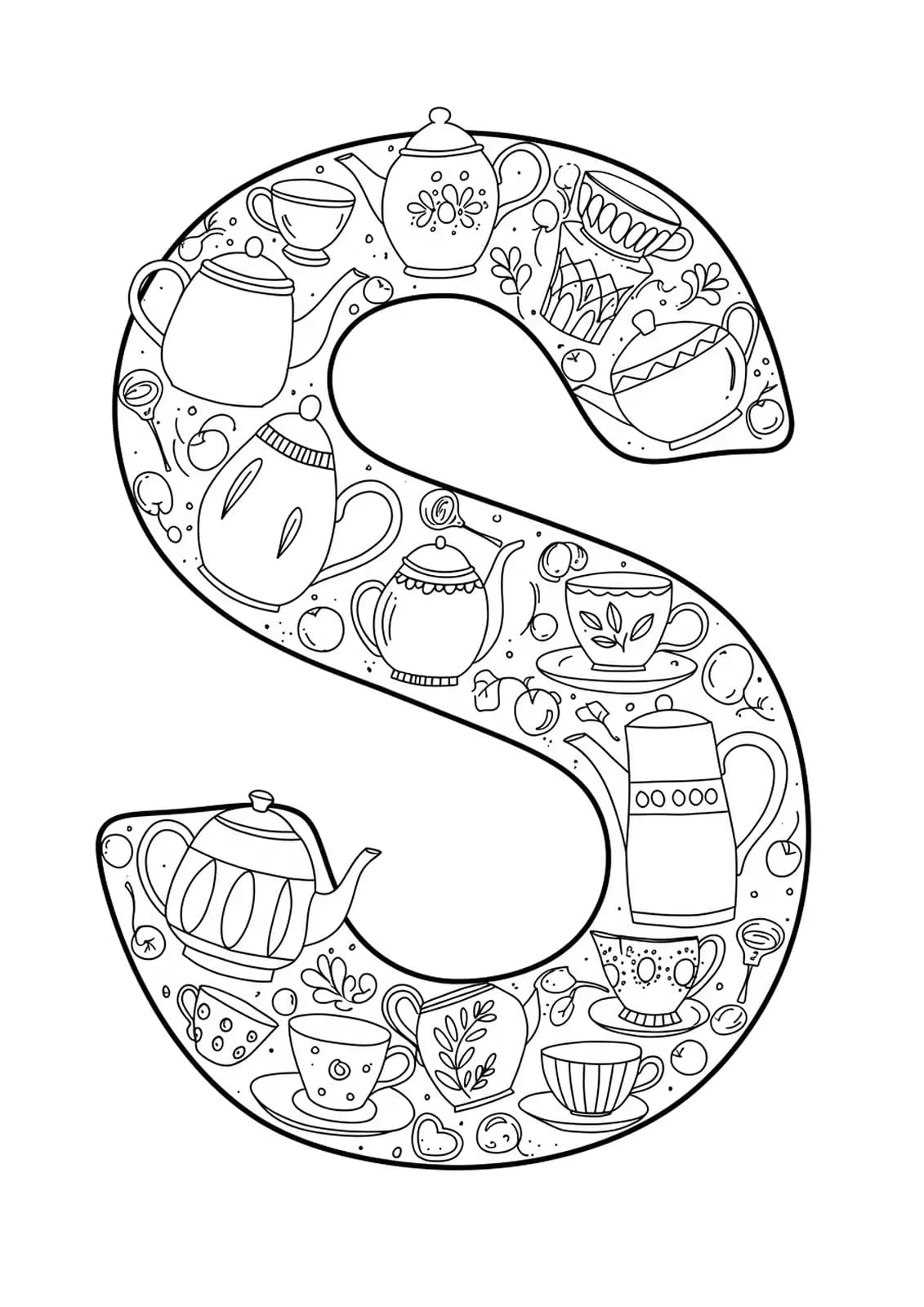 Large letter S with simple tea cups and teapot outlines, adult easy coloring page.
