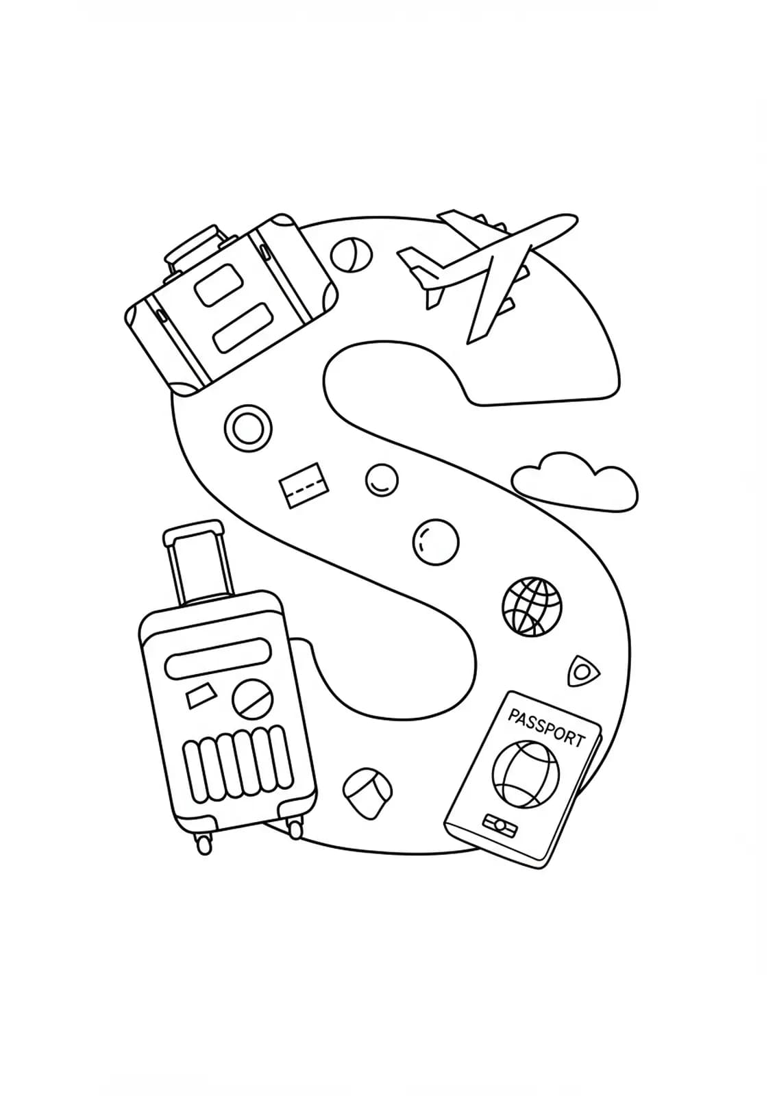 Large letter S with simple travel icons like suitcases and planes, easy coloring design for adults.