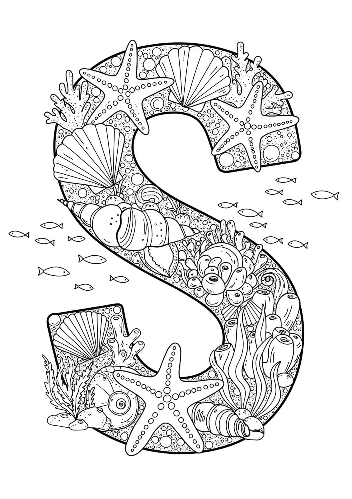Intricately designed letter S with sea creatures, seashells, and seaweed for a hard coloring page.