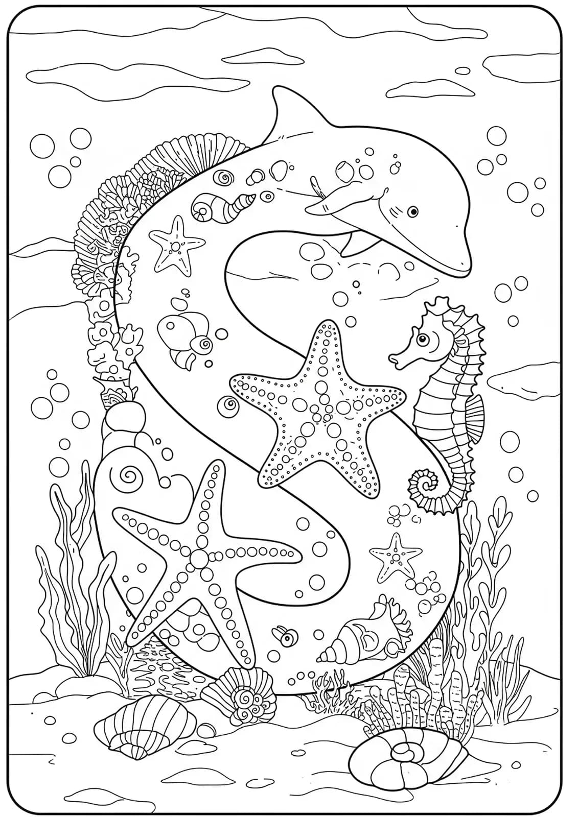 Printable coloring page of the letter S surrounded by sea creatures, shells, and underwater plants.