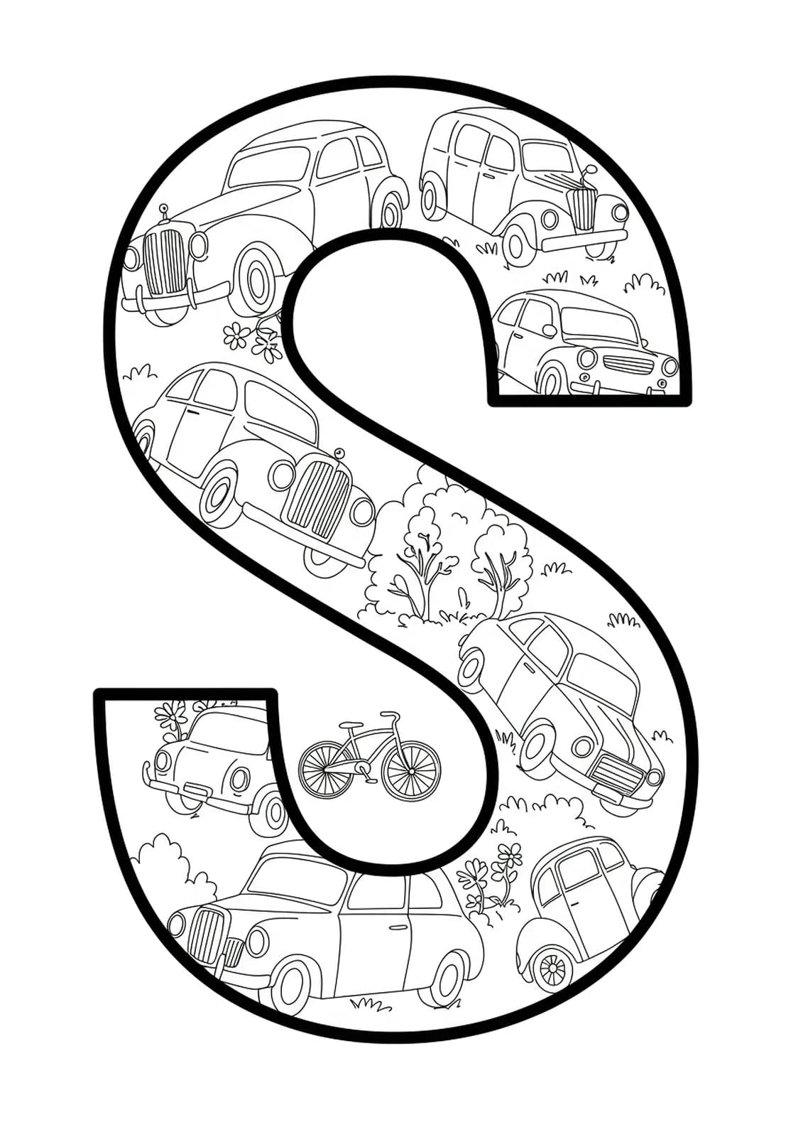 Large letter S with simple classic car and bicycle outlines, easy coloring for adults.