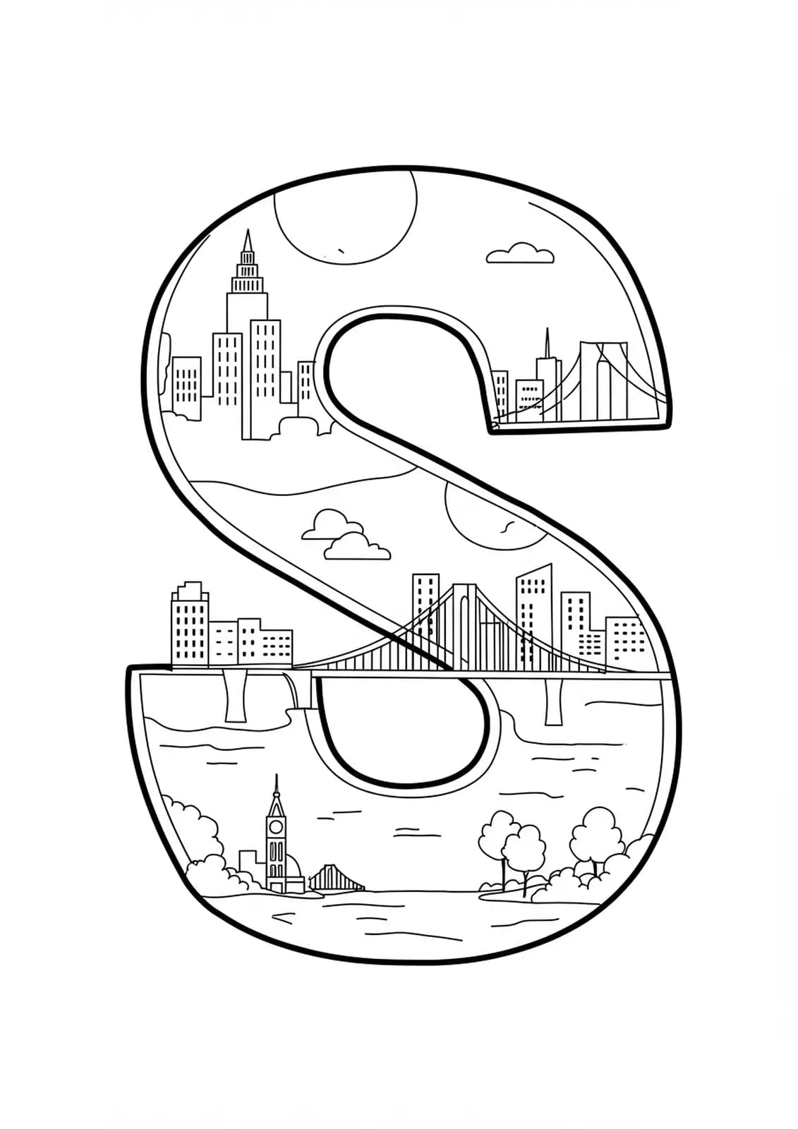 Letter S decorated with black and white urban cityscape silhouettes, buildings and skyline, for adult coloring.