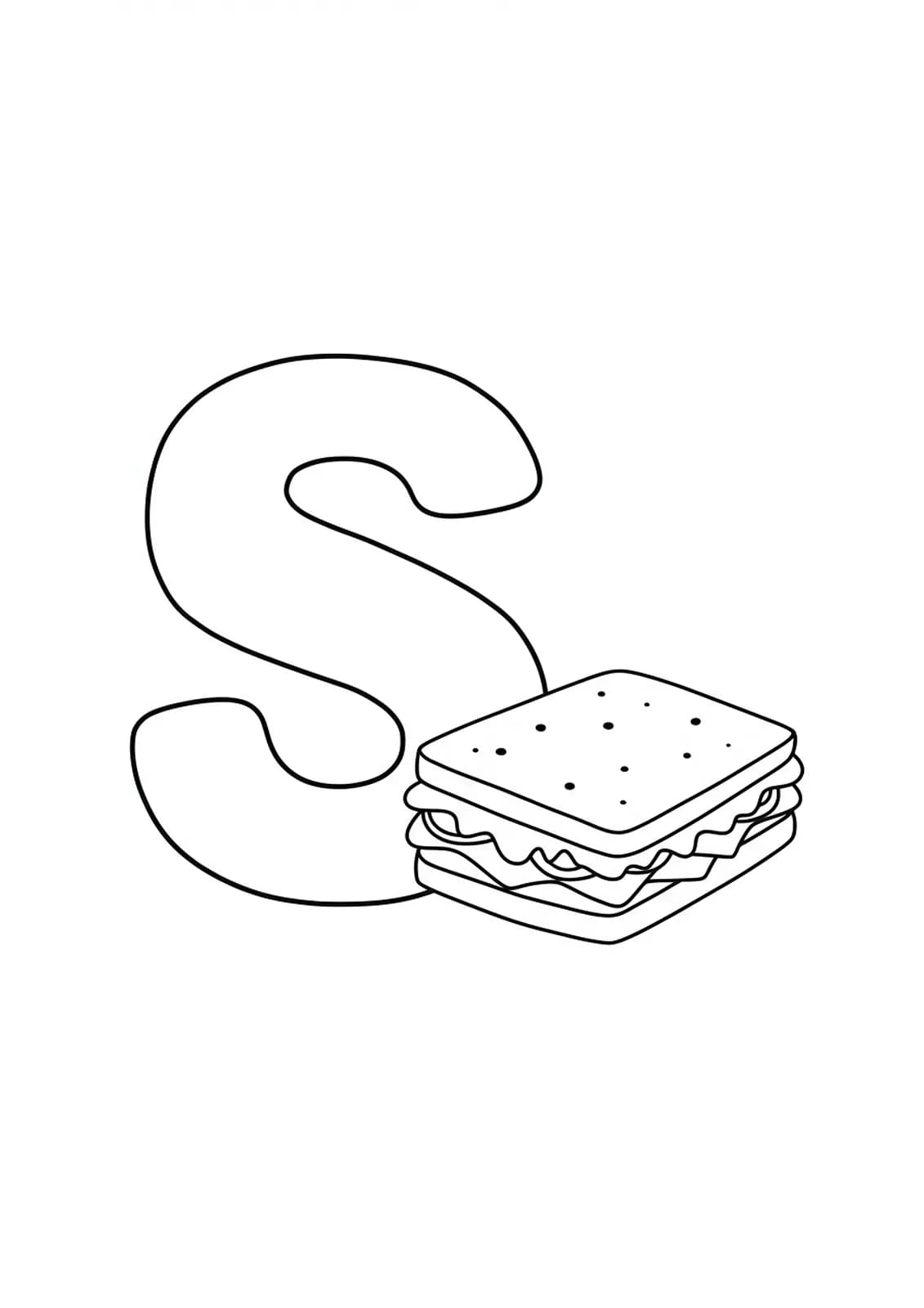 Large letter S with a basic sandwich illustration, easy food coloring page for preschoolers.