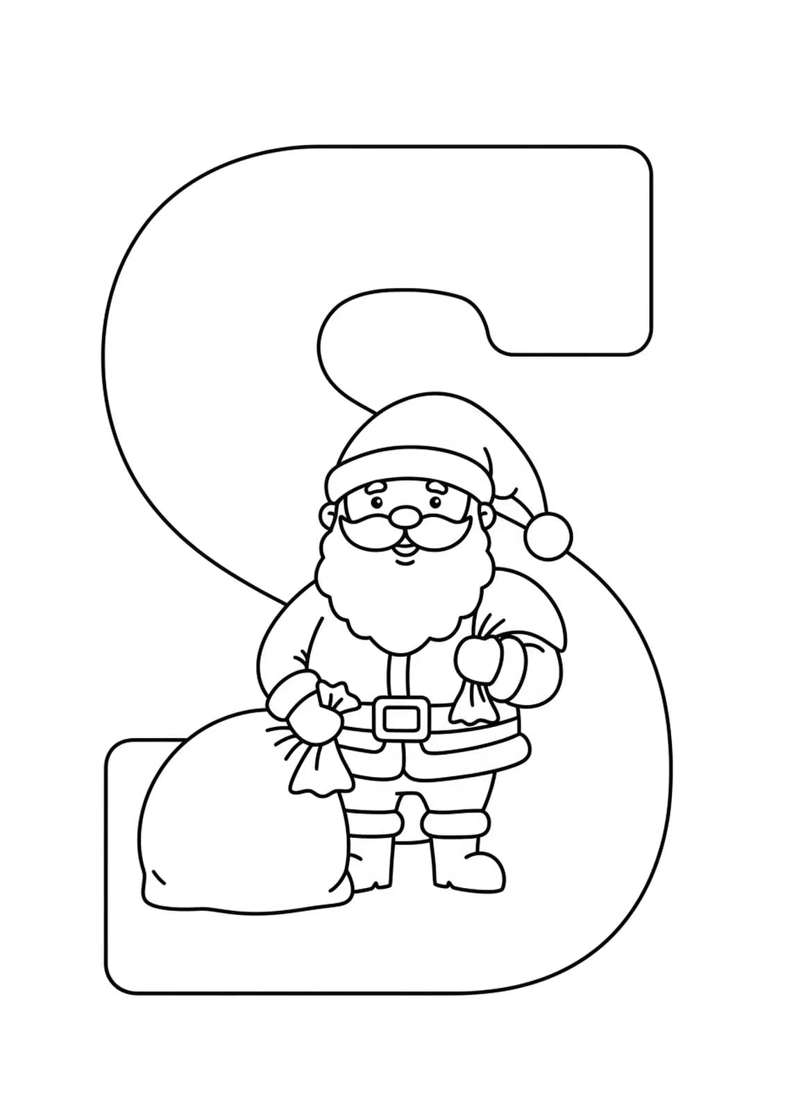 Big letter S with a jolly Santa Claus holding a gift bag, simple and easy coloring page.