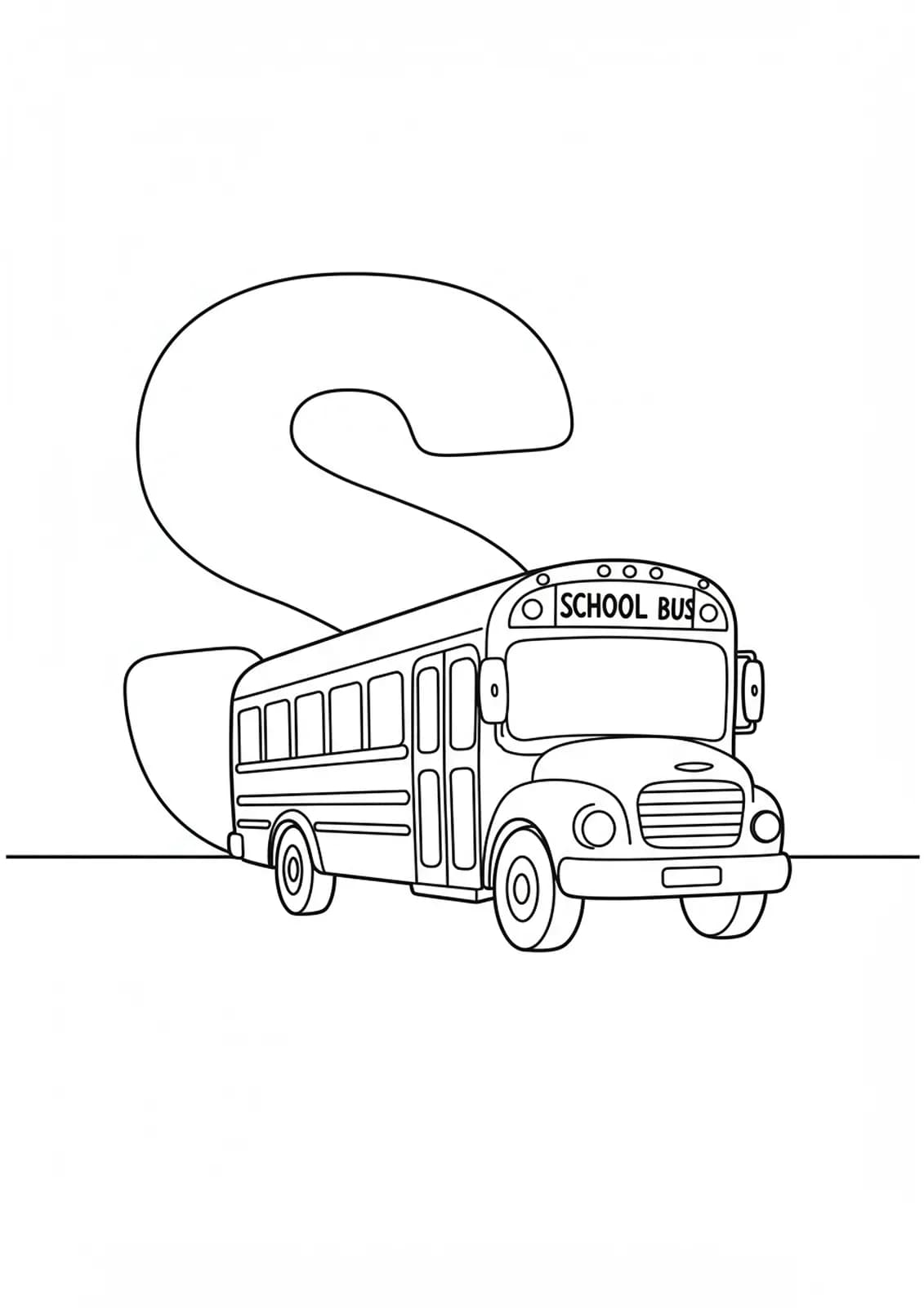 Large letter S with a simple school bus drawing, easy school-themed coloring page for preschoolers.