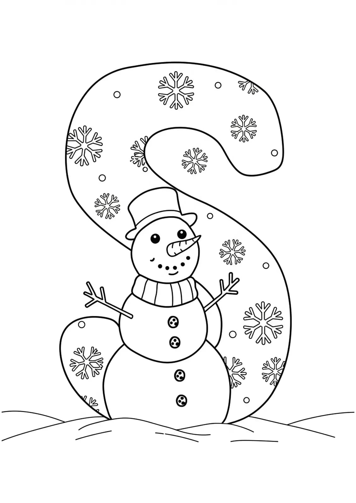 Large letter S with a smiling snowman and snowflakes, outlined for easy coloring.