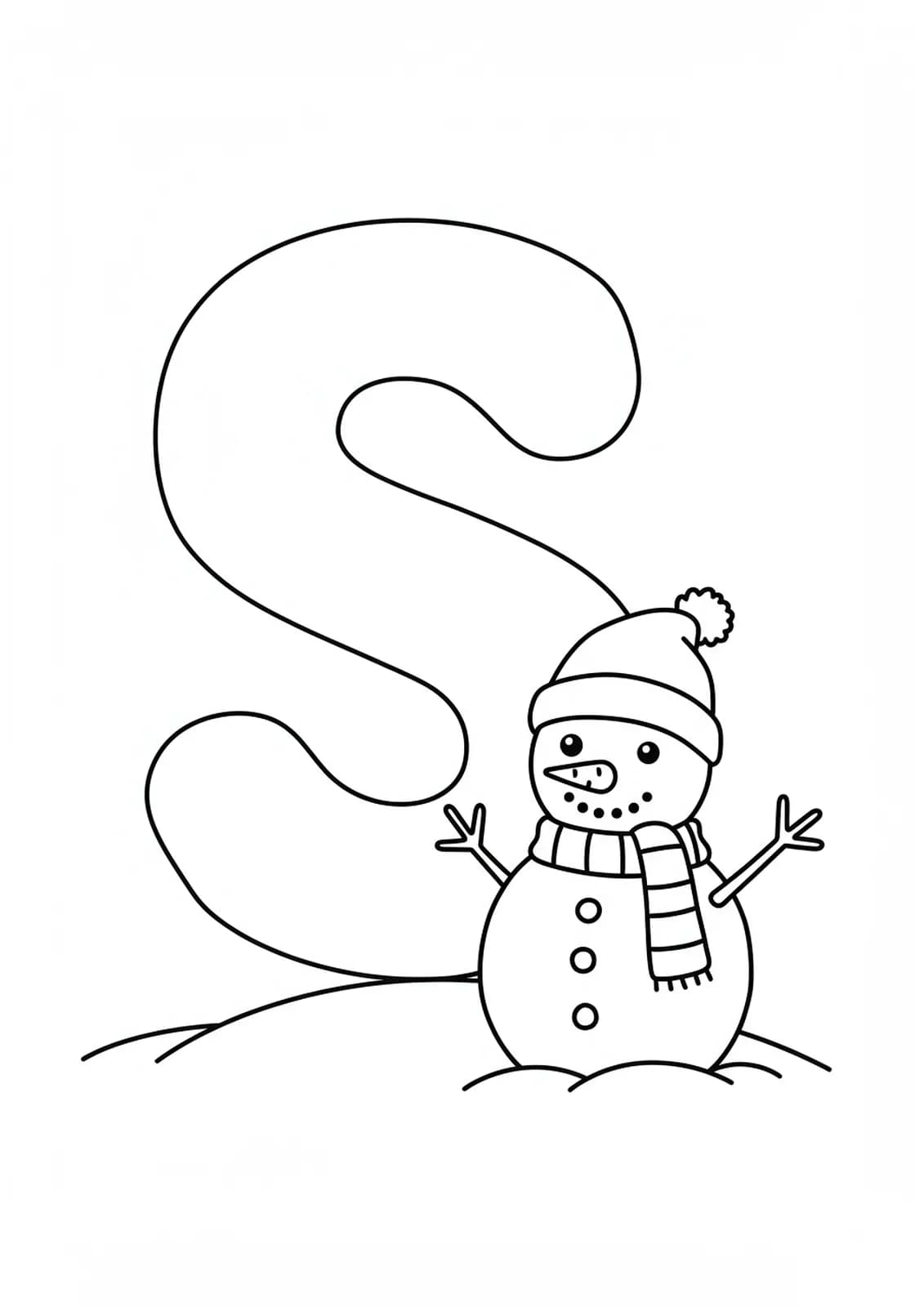 Large letter S with a simple snowman beside it, easy winter coloring page for preschoolers.