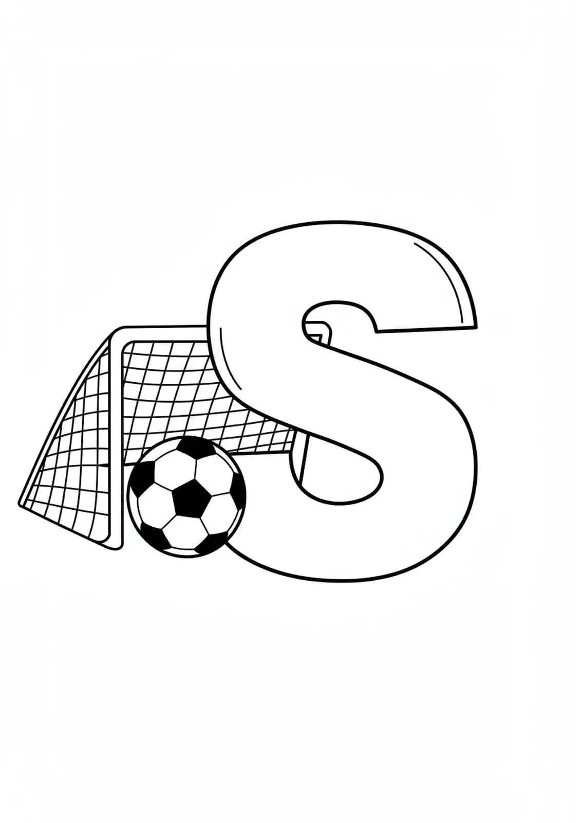 Large letter S with a soccer ball and simple goal net, outlined for easy coloring.