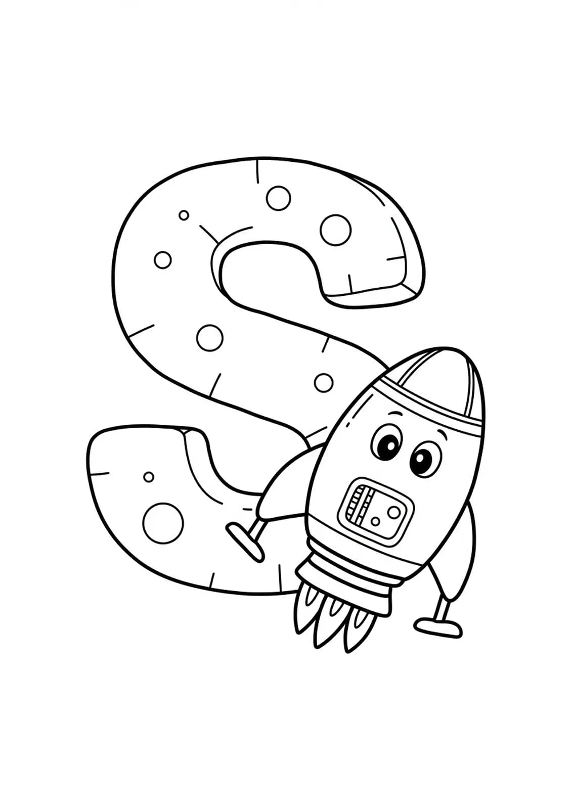 Large letter S with a basic spaceship drawing, easy outer space coloring page for preschoolers.