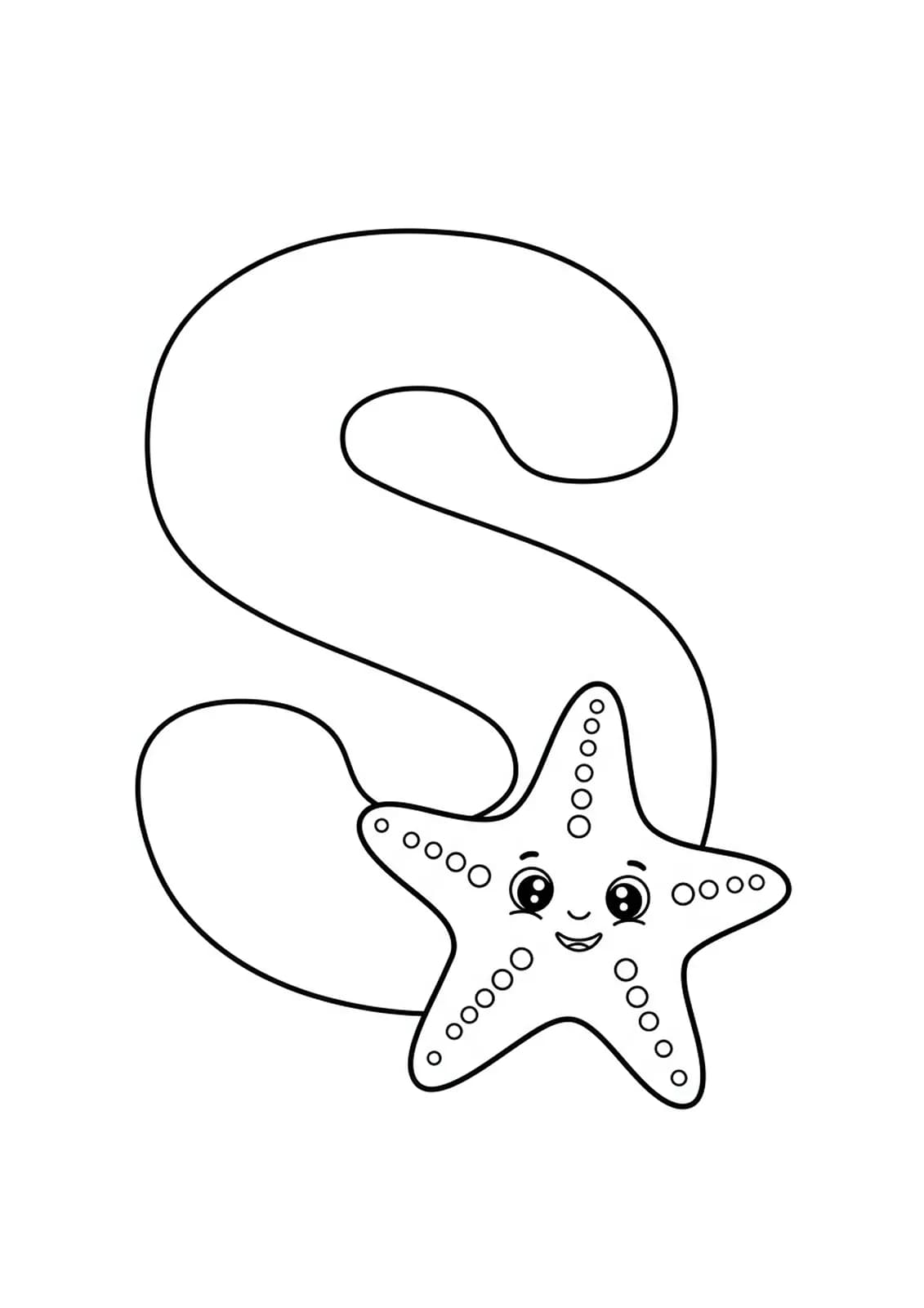 Large letter S with a smiling starfish beside it, easy ocean-themed coloring page for preschoolers.