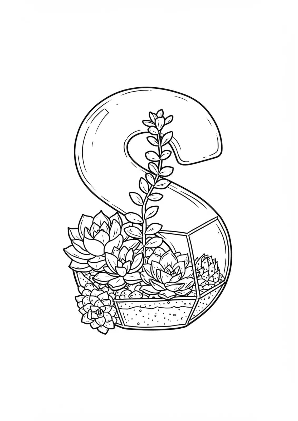 Letter S surrounded by succulents and a terrarium, black and white medium-detail line art, for adult coloring.