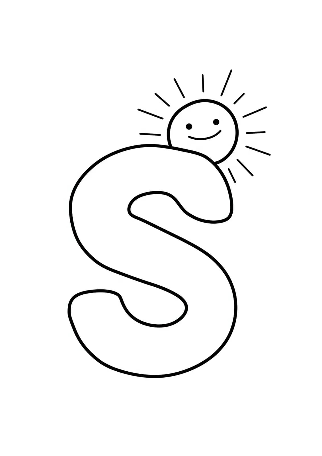 Large letter S with a smiling sun above it, simple summer nature coloring page for preschoolers.