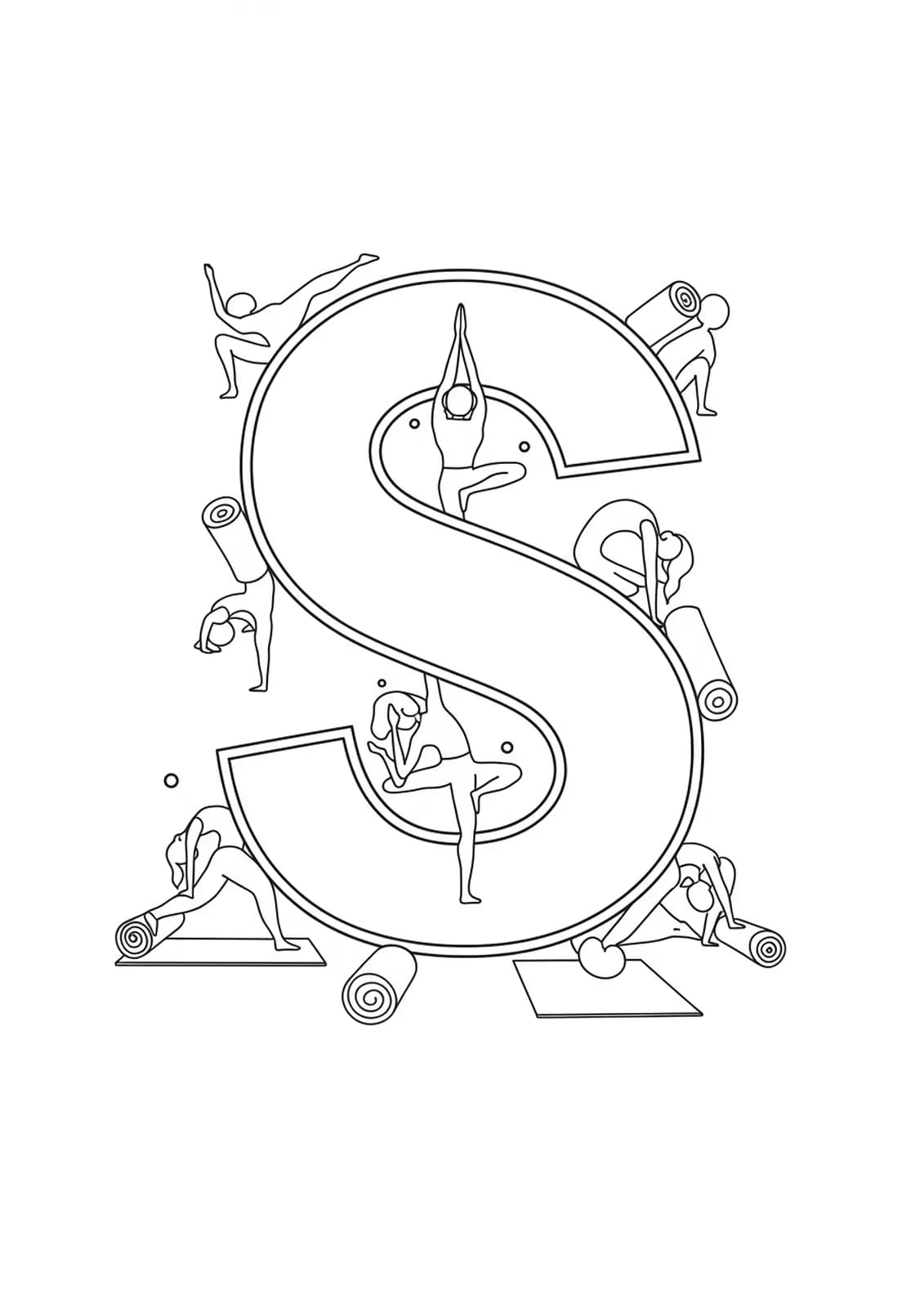 Large letter S with simple yoga pose outlines and mats, easy coloring page for adults.