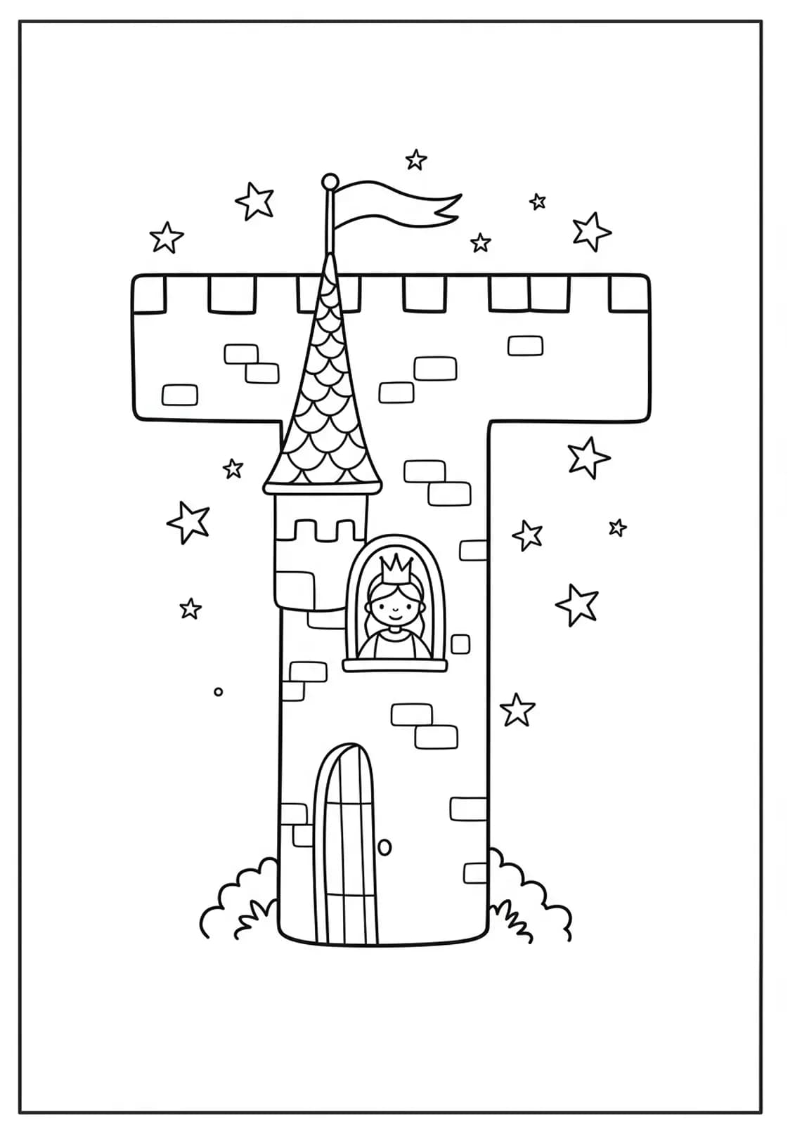 Letter T coloring page with a fairy tale tower, princess, and stars.