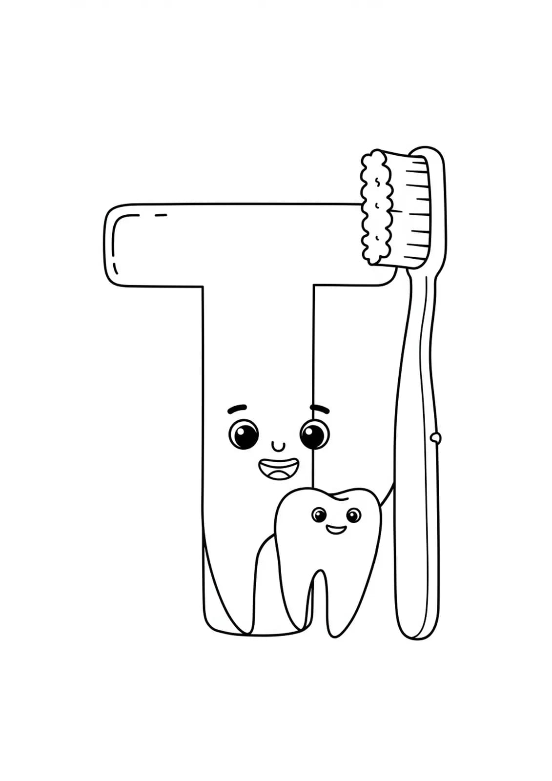 Coloring page with a large letter T, a simple toothbrush, and a smiling tooth for preschoolers.