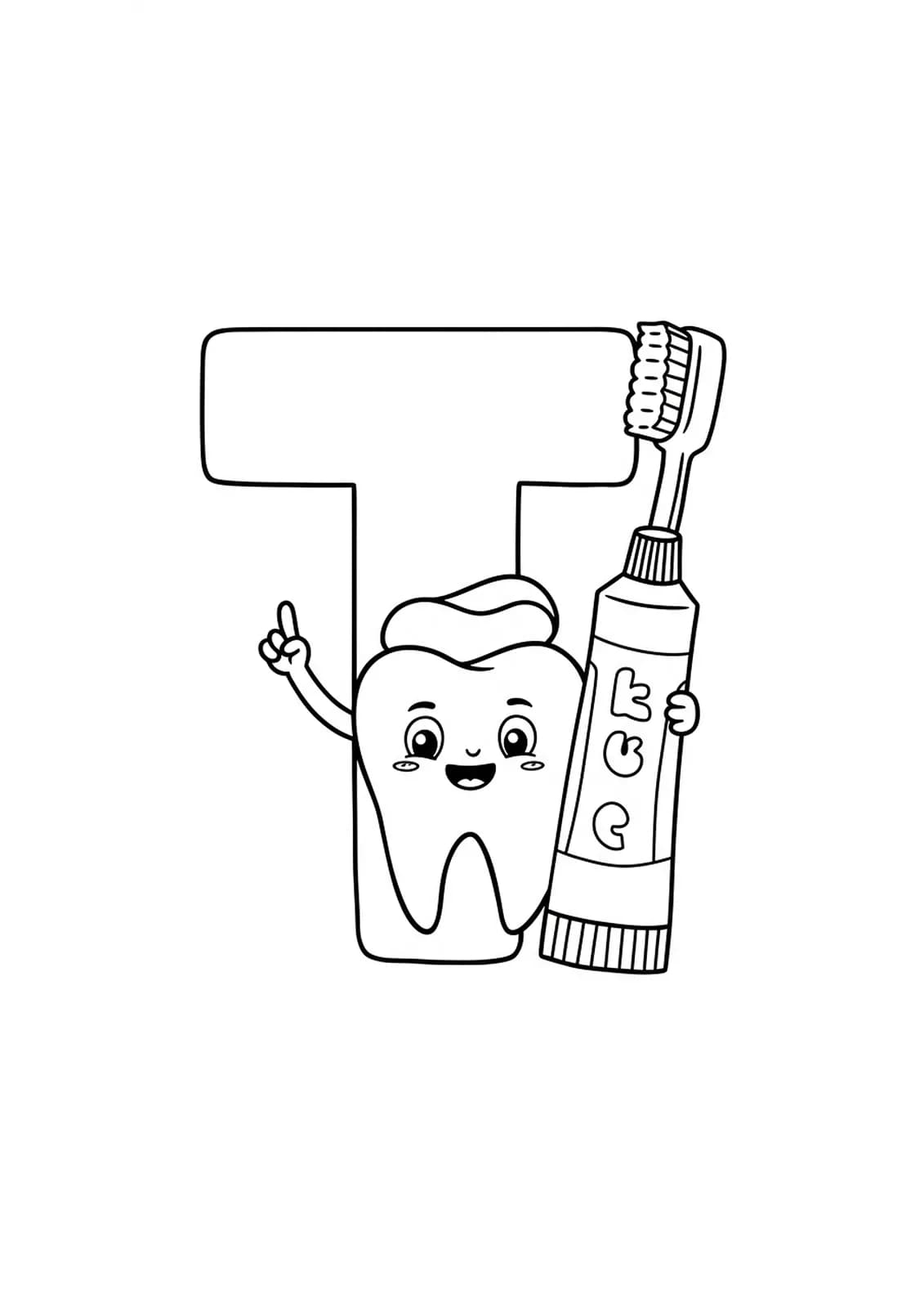 Letter T coloring page with tooth, toothbrush, and toothpaste.