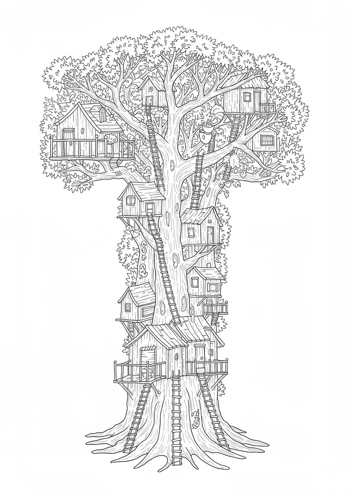 Letter T integrated into a complex treehouse skyline with multiple houses, stairs, and branches for adult colorists.