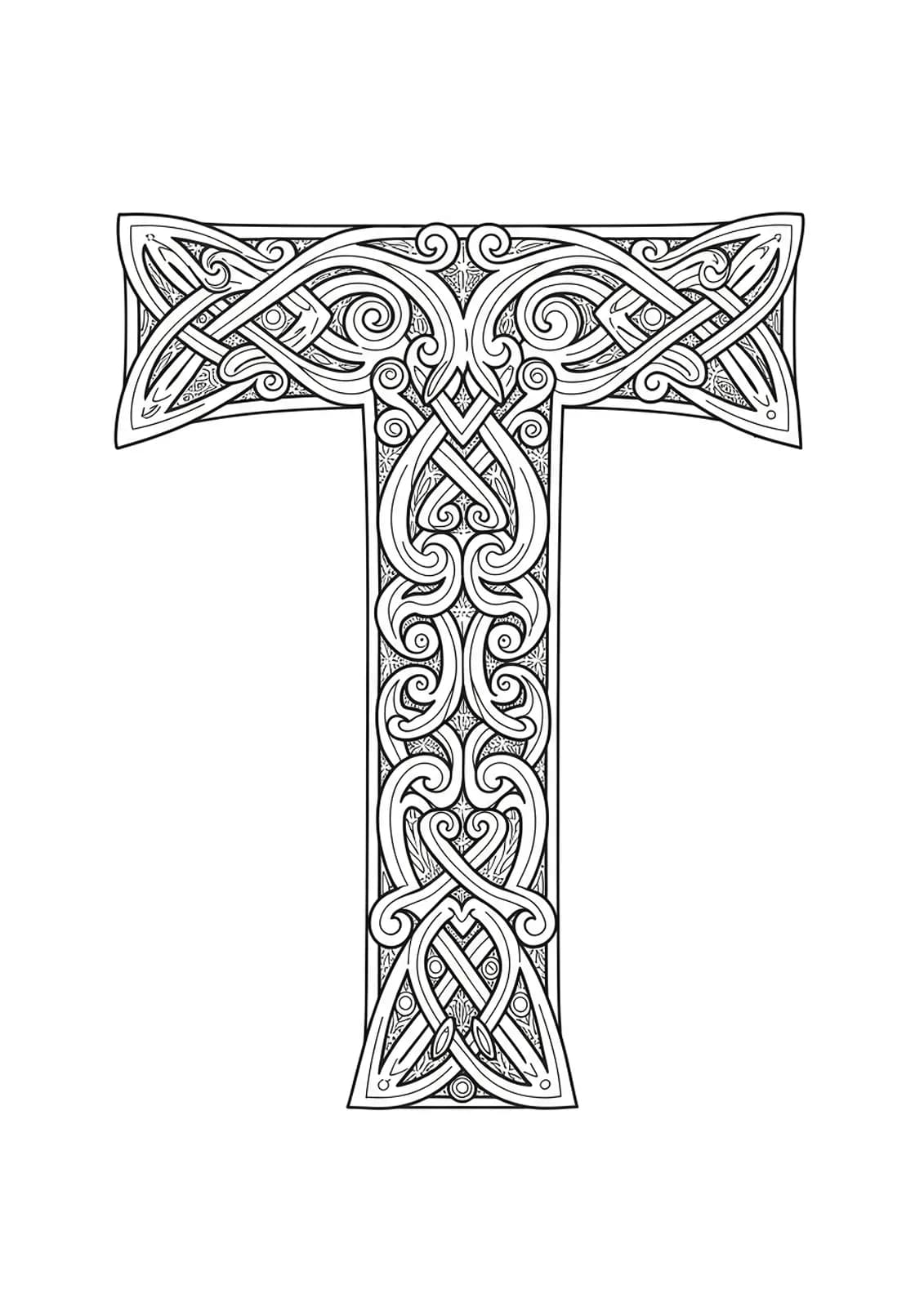 Letter T densely packed with complex and tangled Celtic knotwork, ideal for adult coloring.