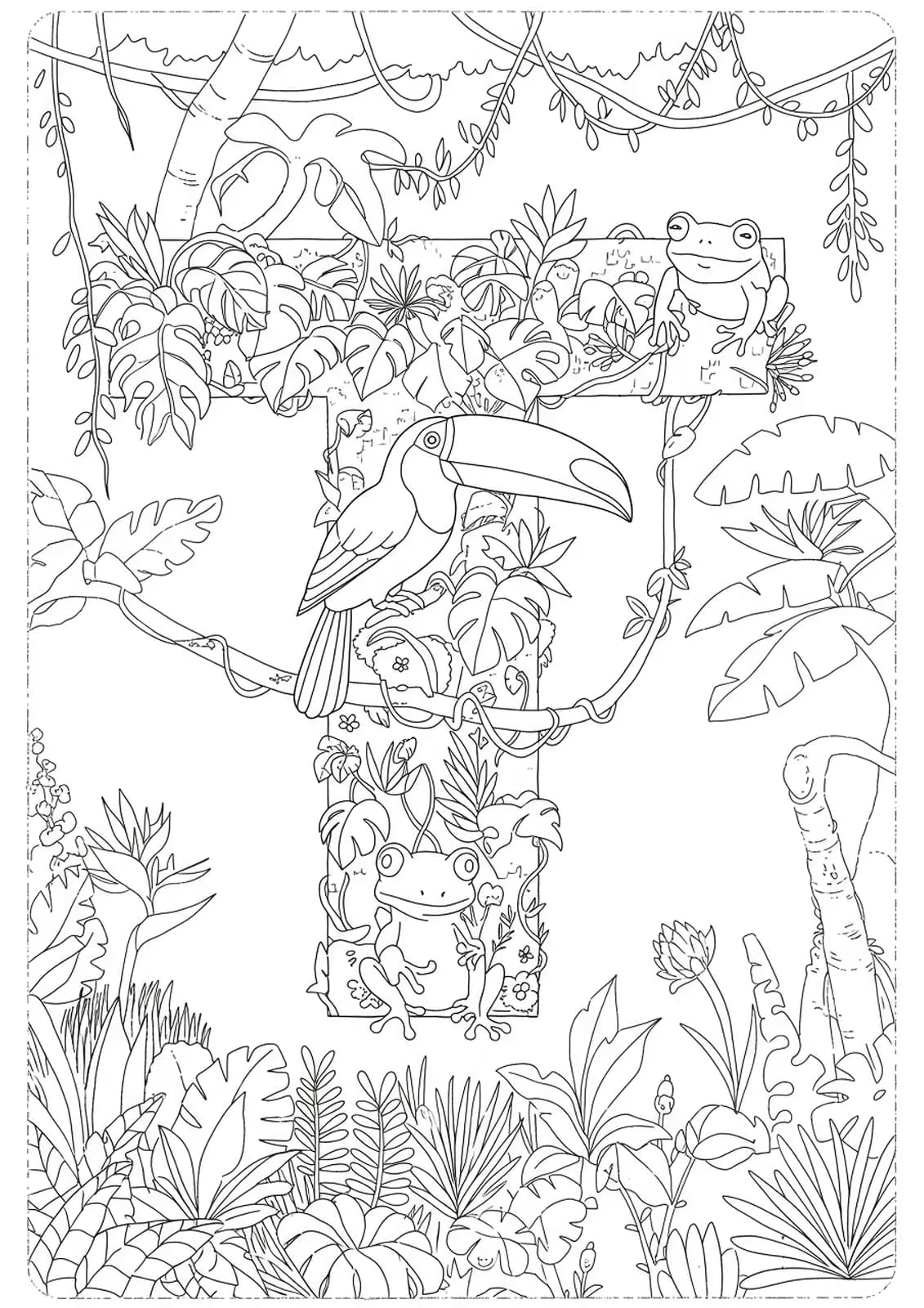 Letter T surrounded by tropical rainforest plants, toucans, and frogs, with complex details for preschool coloring.