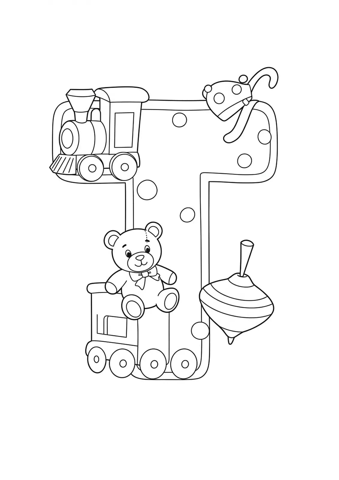 Large letter T with cartoon toy train, teddy bear, and spinning top around it.