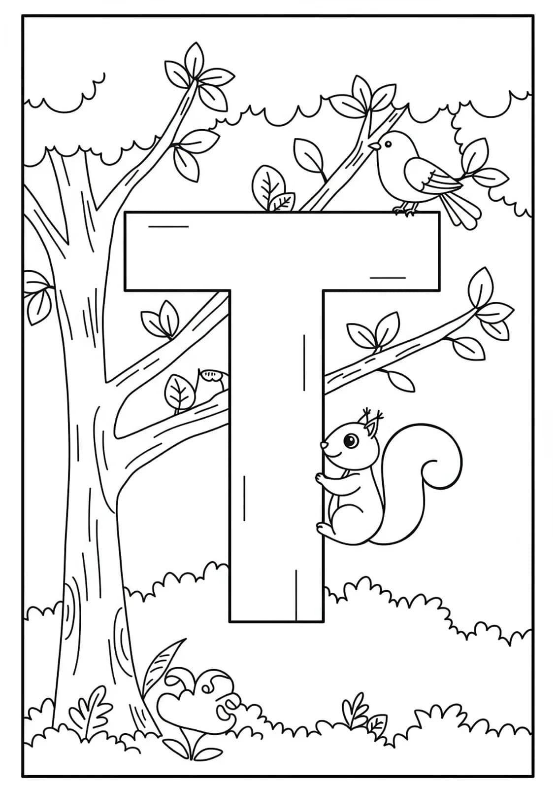 Letter T coloring page with tree branches, leaves, squirrel, and bird.