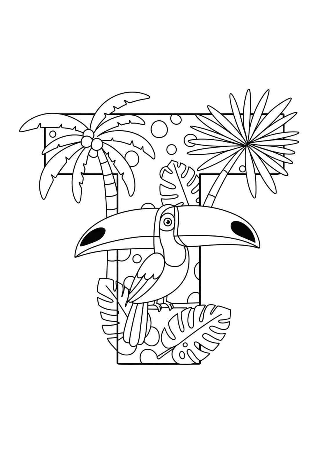 Large letter T with easy drawings of a toucan, trees, and tropical leaves.