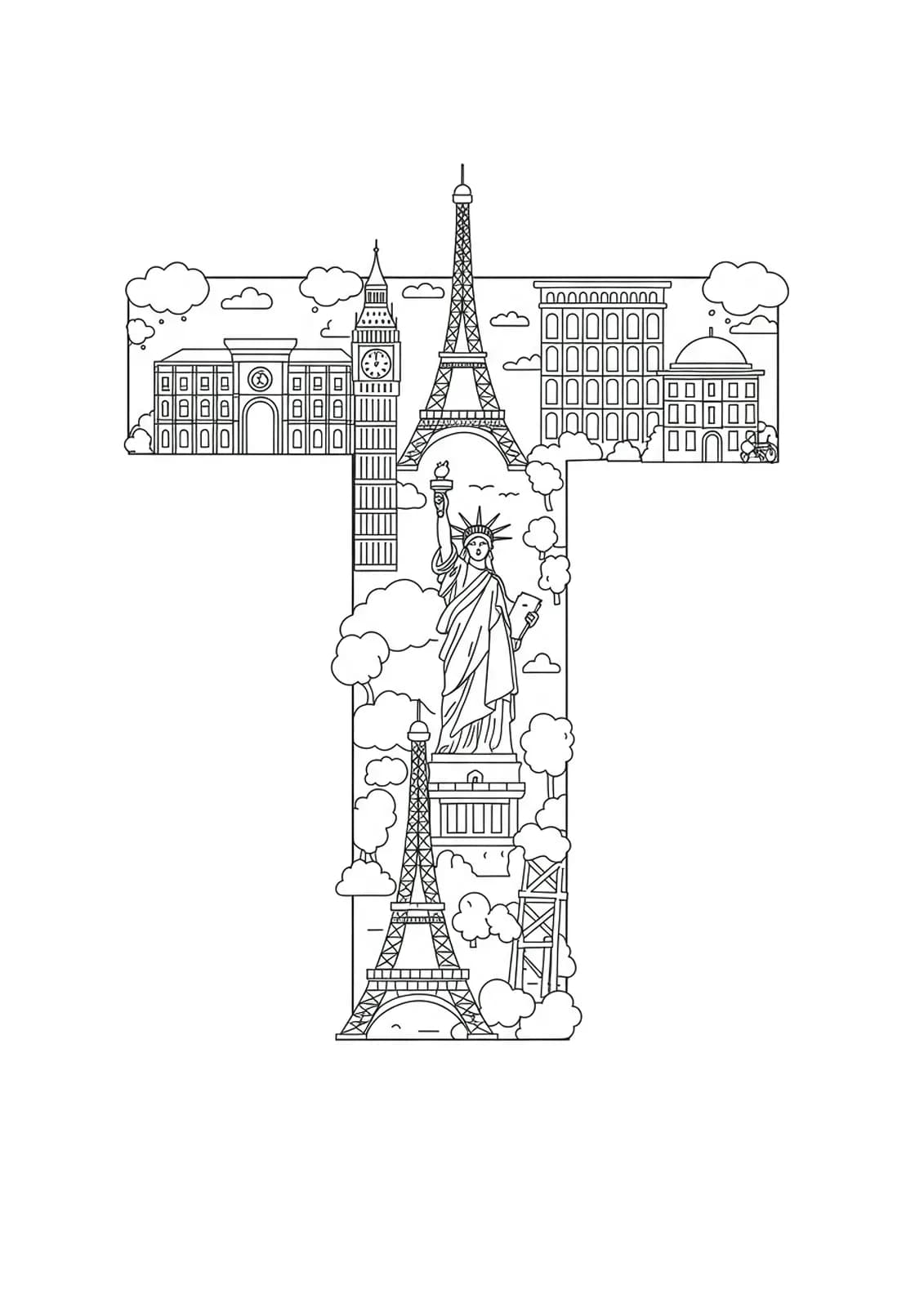 Letter T with simple outlines of famous travel landmarks