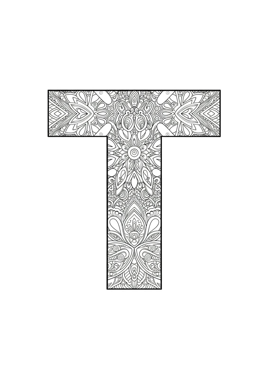 Letter T formed from geometric tessellation and mandala patterns, high in complexity and detail for adult coloring.