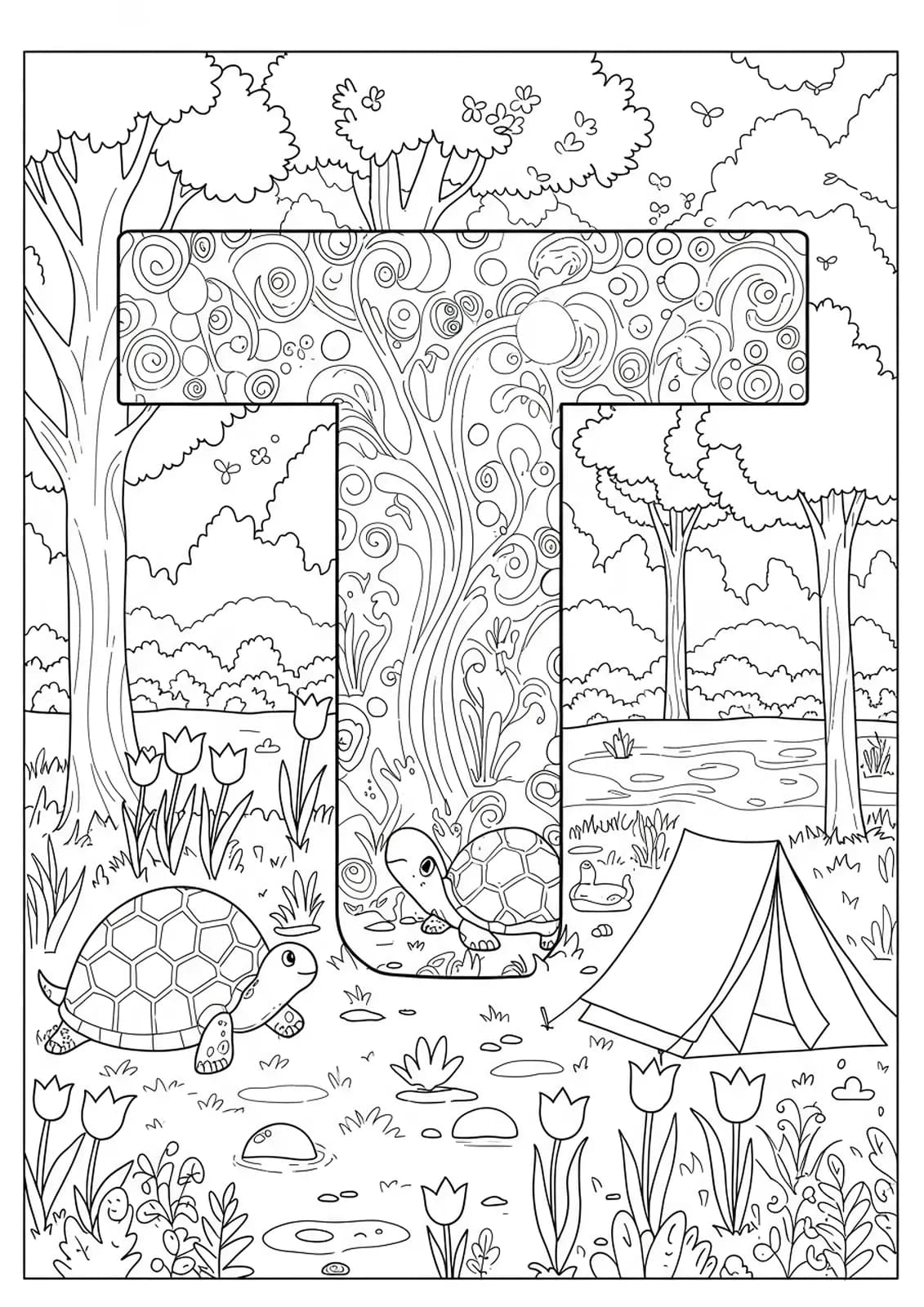 Letter T with trees, turtles, tulips, and a tent on a nature trail