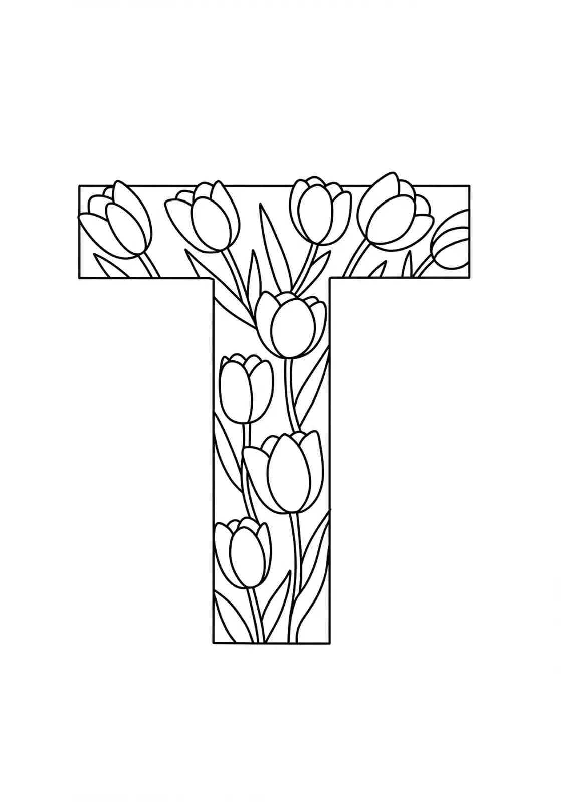 Big letter T with several easy tulip flowers around it.