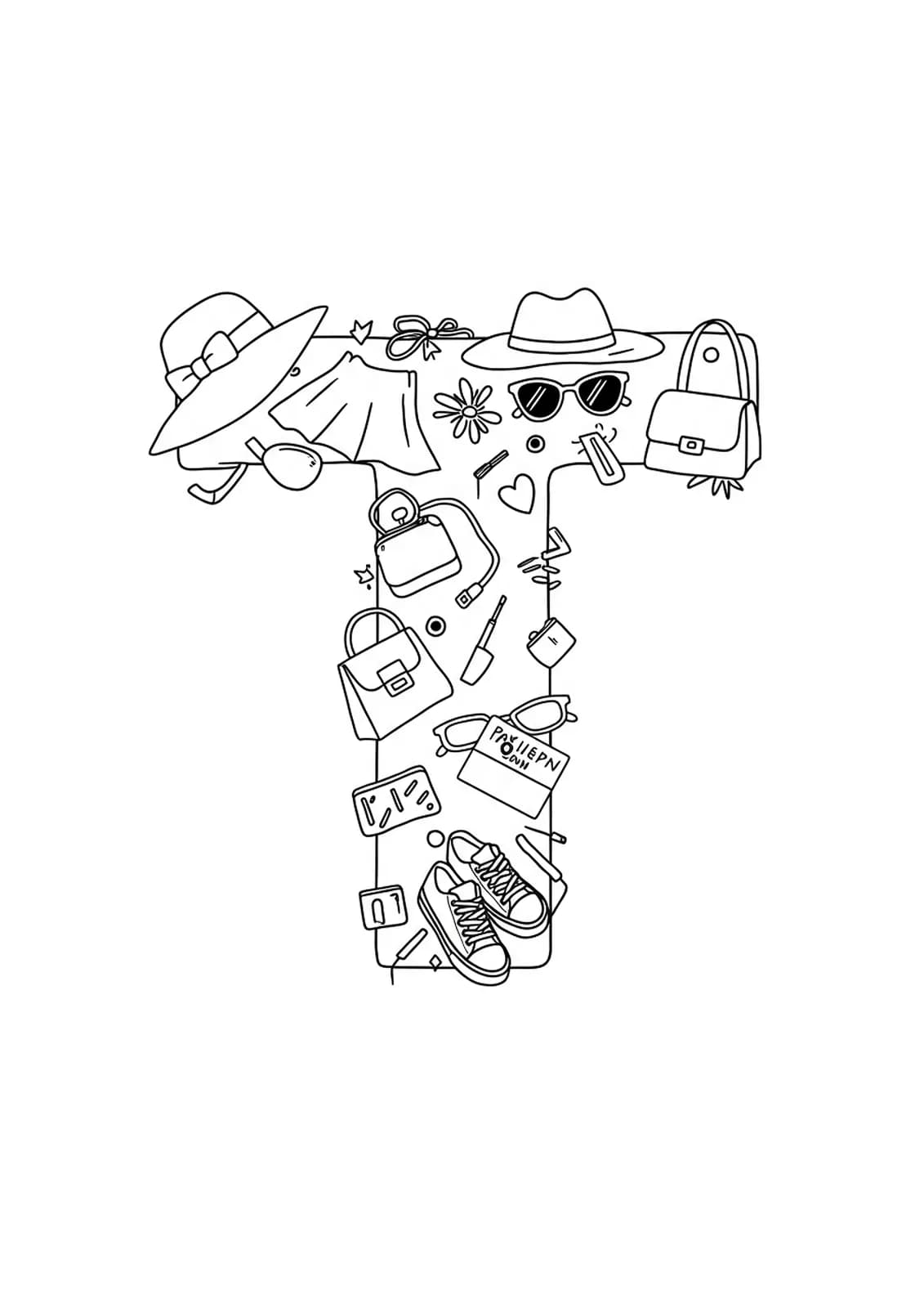 Easy coloring page of the letter T with trendy fashion accessories like hats, sunglasses, and sneakers for teens.