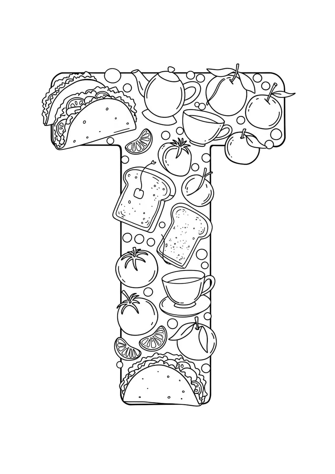 Letter T with tacos, toast, tea, tomatoes, and tangerines