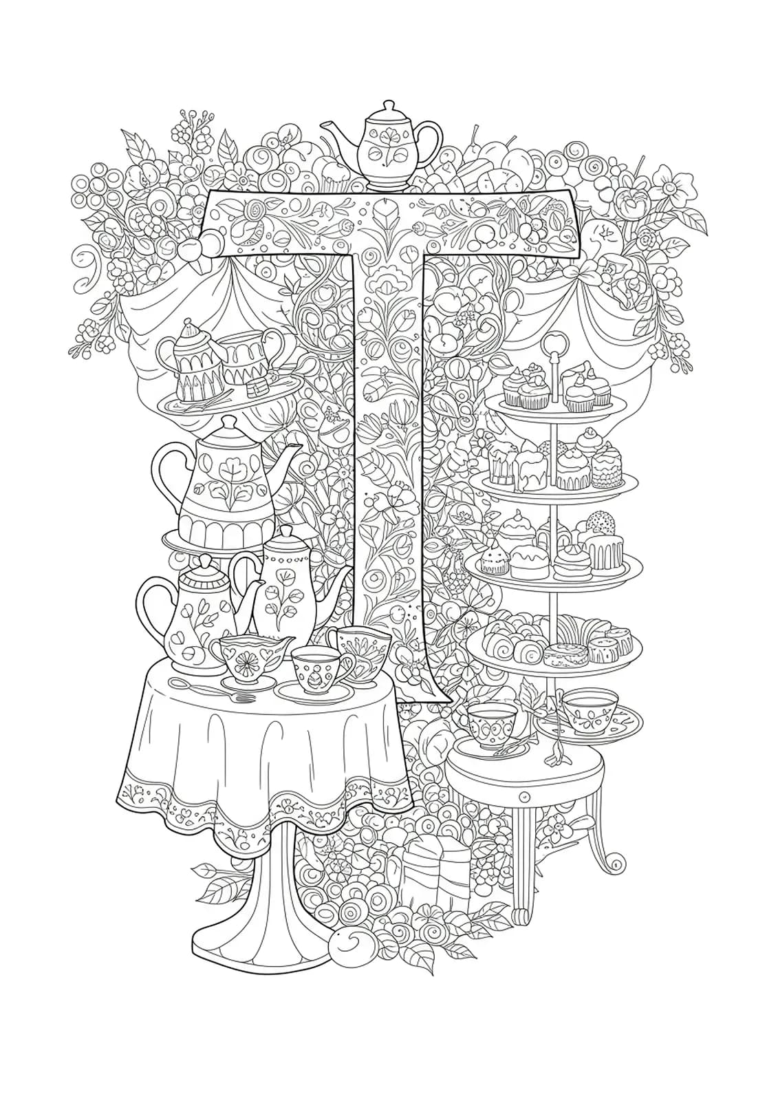 Detailed tea party scene with a large letter T, teacups, teapots, treats, and ornate table settings in complex line art.