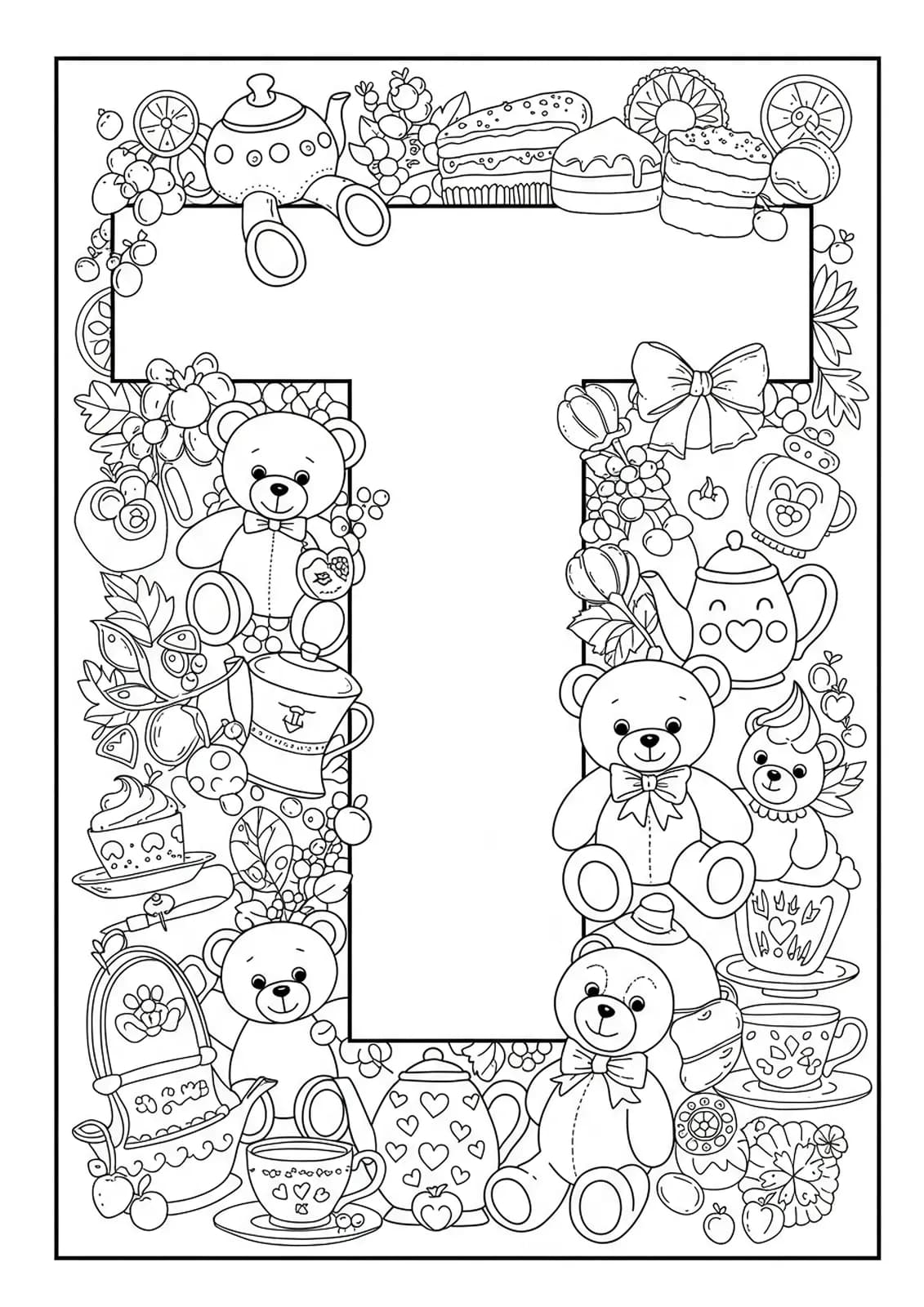 Letter T with teddy bears, teapots, teacups, and treats