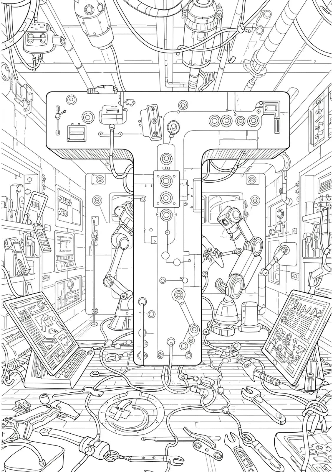 Complex technology lab scene with a letter T, robots, tablets, tools, and wires in detailed black and white line art.
