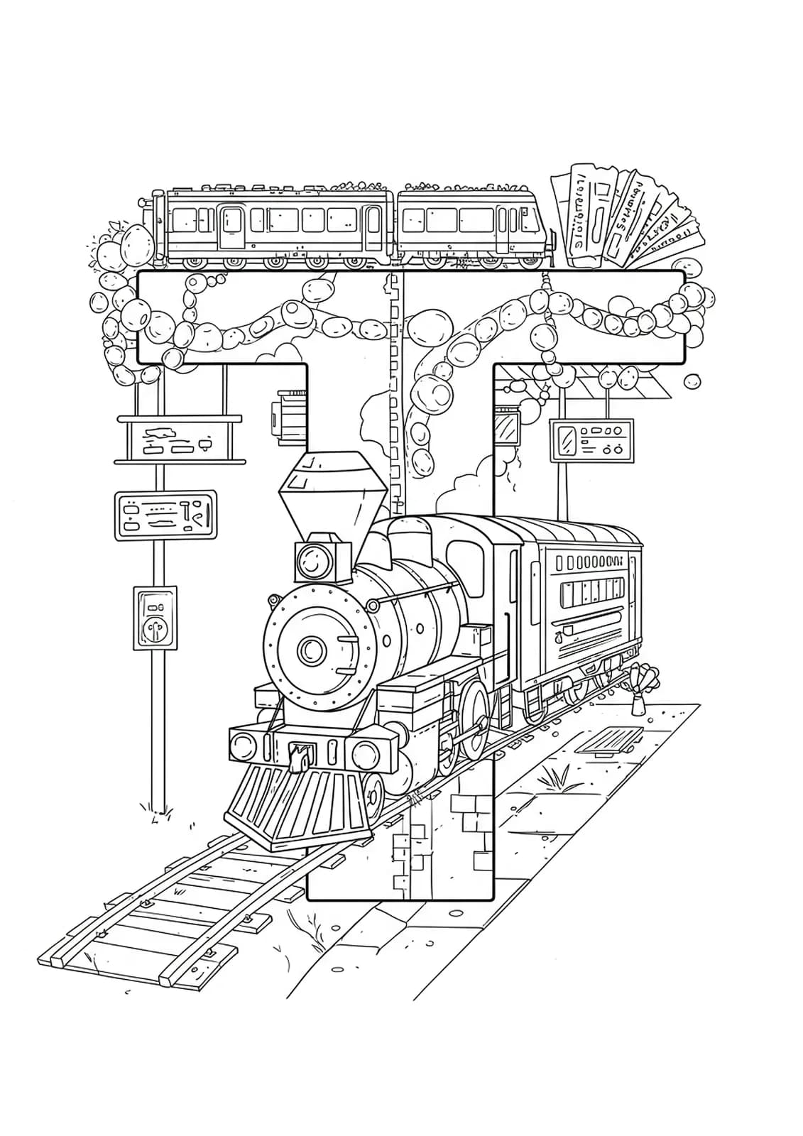 Complex train-themed coloring page with a large letter T, train engine, tracks, tickets, and station details, designed with fine lines.