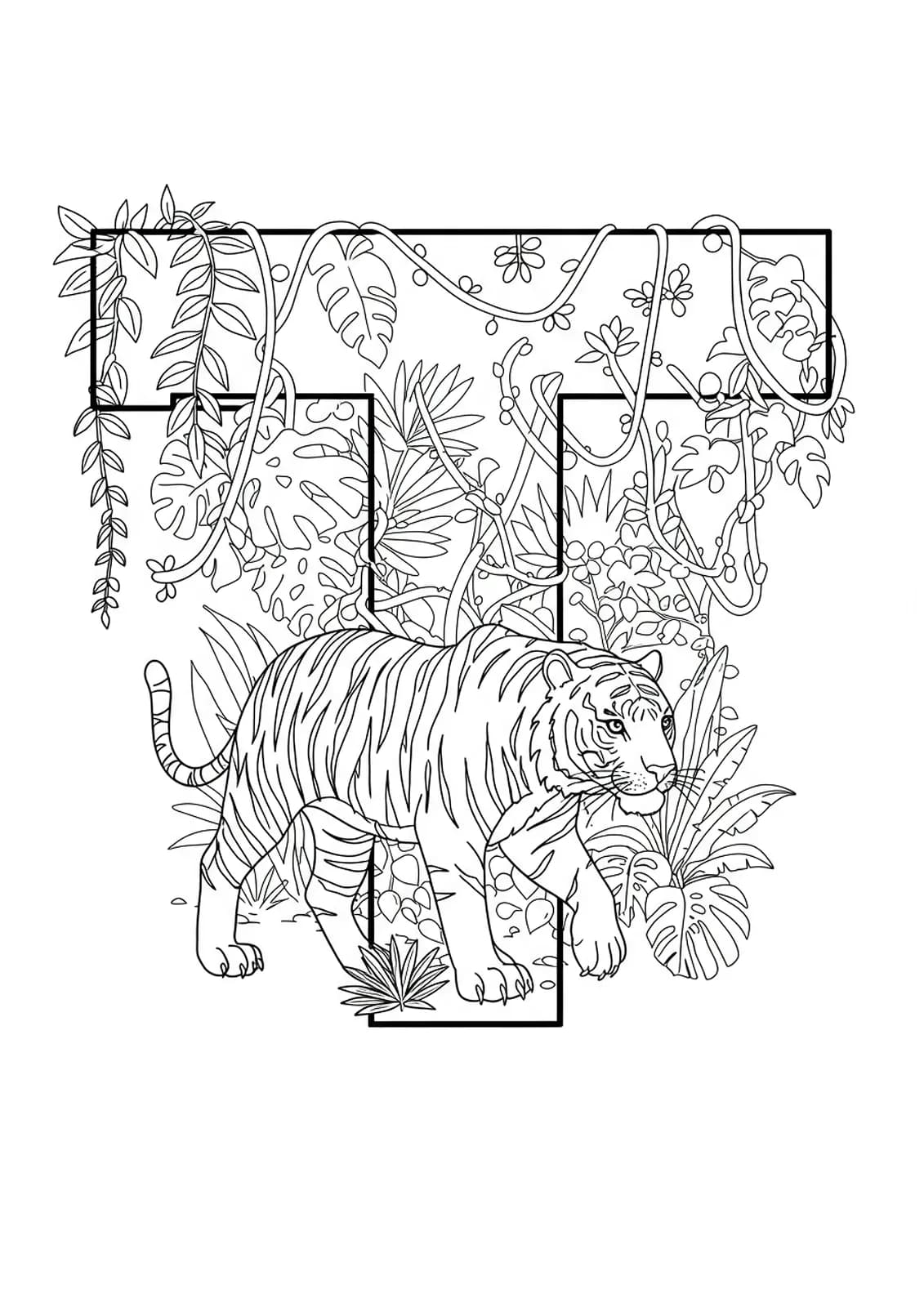 Intricate jungle scene with a letter T, detailed tiger, vines, and tropical foliage, all designed with complex outlines.