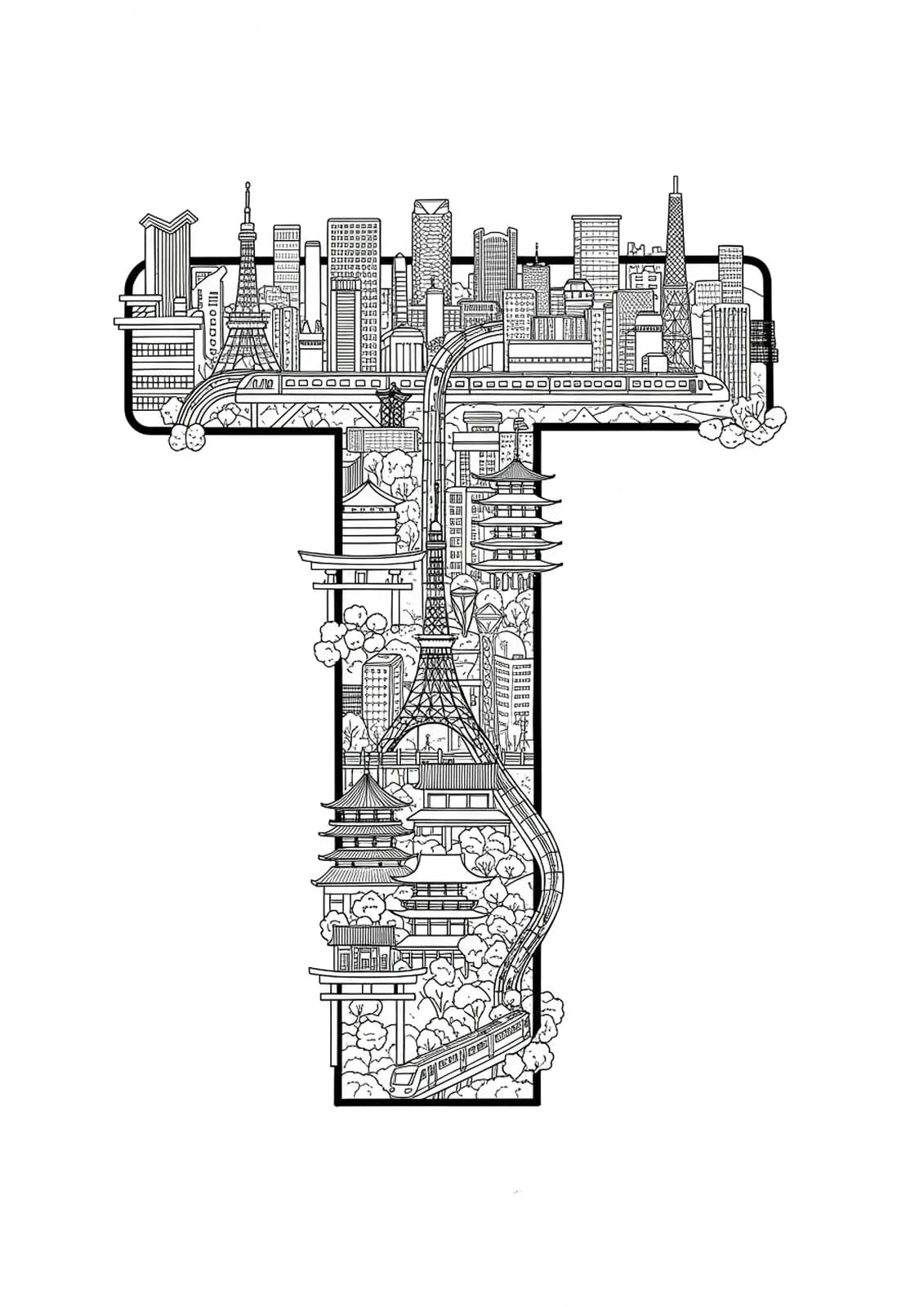 Detailed Tokyo cityscape with a letter T, skyscrapers, temples, trains, and city lights in complex line art.