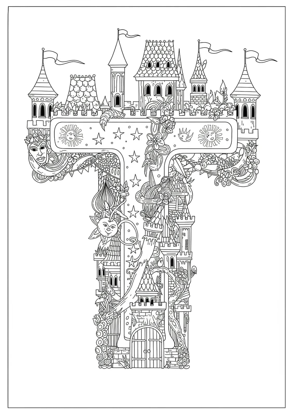 Fantasy castle scene with a letter T, detailed turrets, banners, rooftops, and hidden creatures, all in intricate line art.