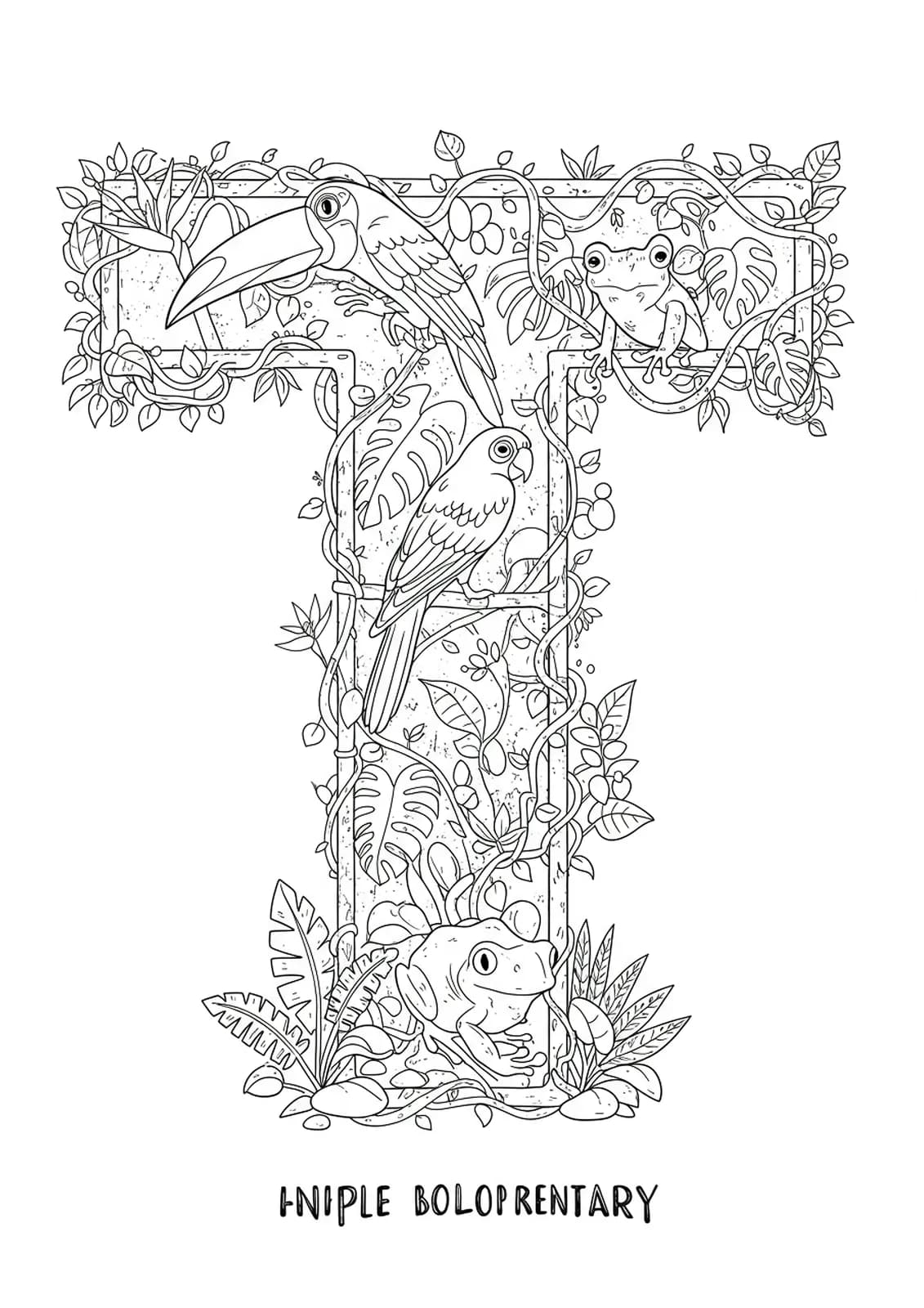 Detailed rainforest scene with a big letter T, toucans, tree frogs, twisting vines, and leafy trees, designed with complex line art.