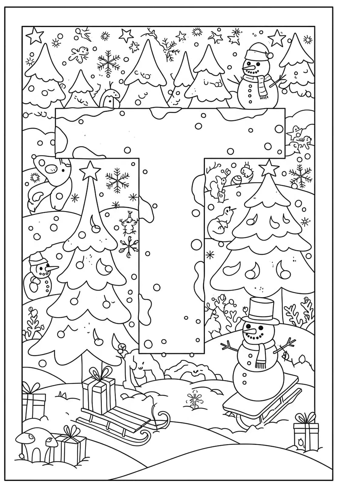 Letter T with snow-covered trees, stars, toboggans, and snowmen
