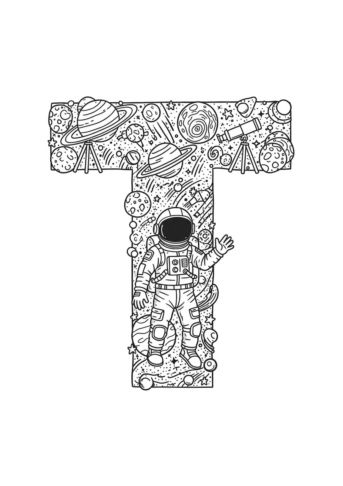 Intricate Letter T with cosmic galaxies, planets, stars, and astronaut elements, complex hard coloring page for teens.